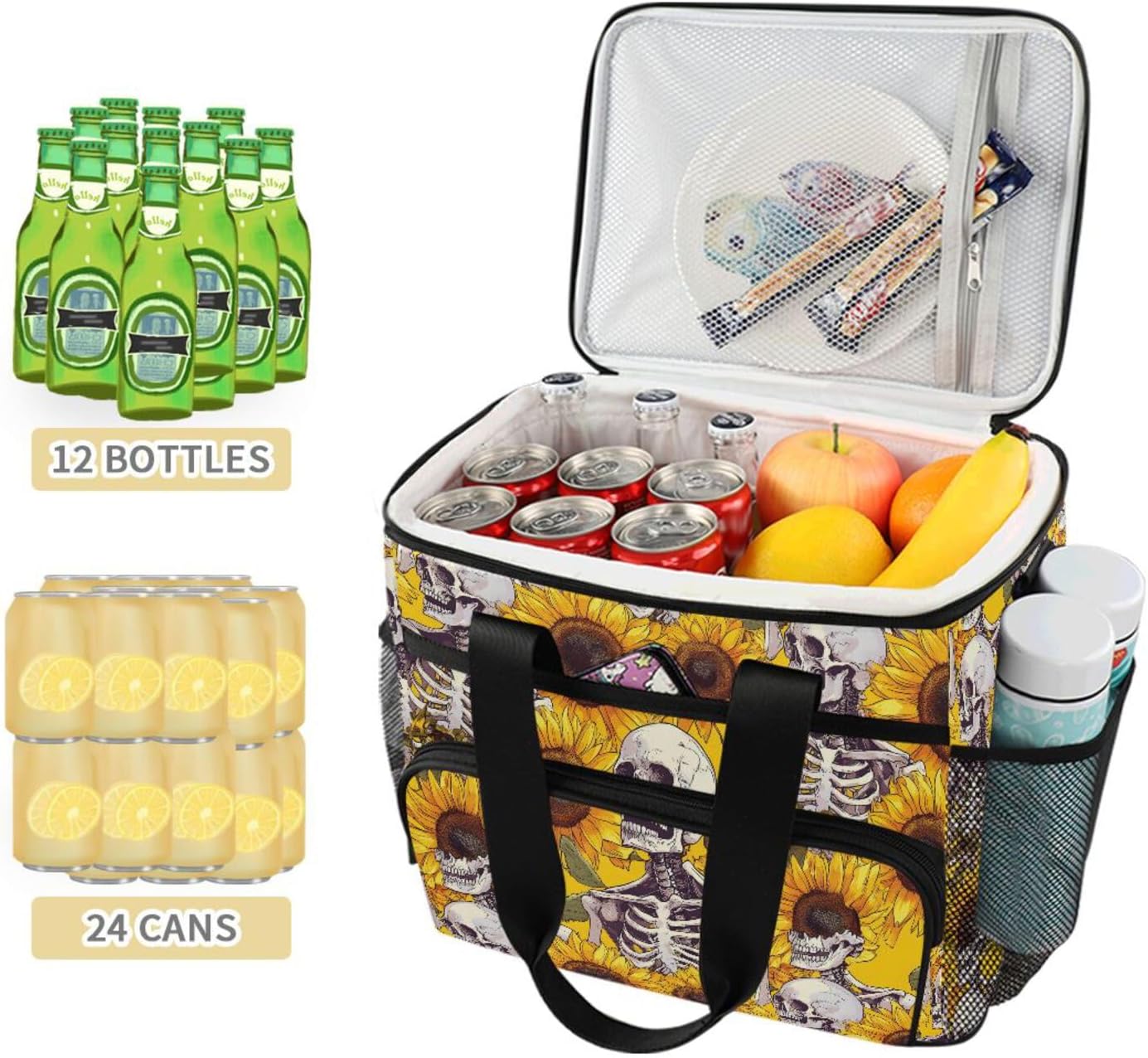 Cooler Bags Insulated-Skulls Flowers, Lunch Bag 24 Can Leakproof Light Weight for Picnic Camping Party
