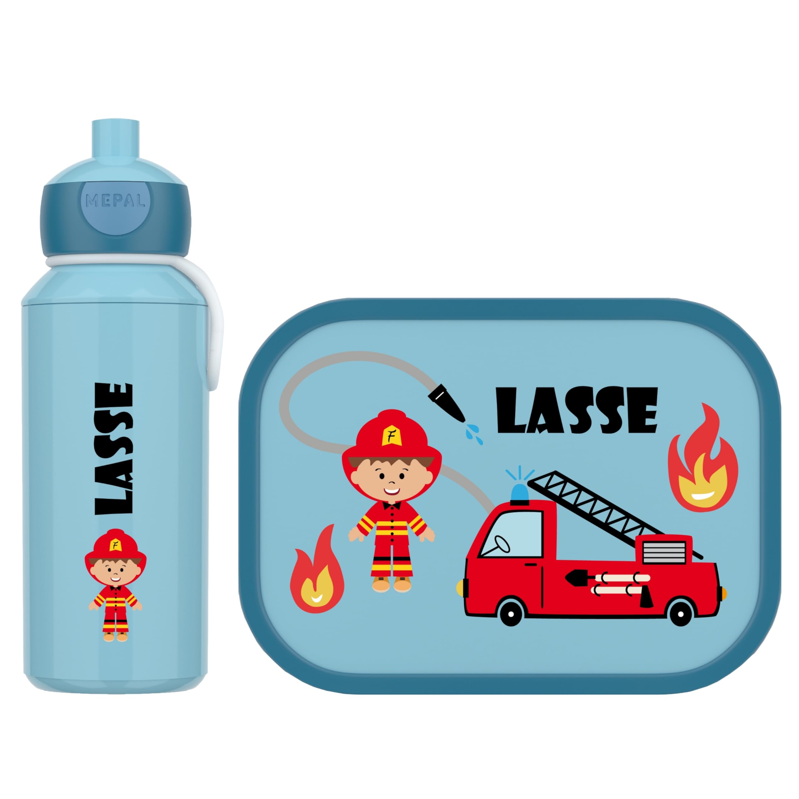 4youDesign | Blaue Brotdose mit Fächern & Trinkflasche -Feuerwehr- personalisiert mit Namen I Campus mit Bento-Box & Gabel Jungen & Mädchen (Cool Blue)