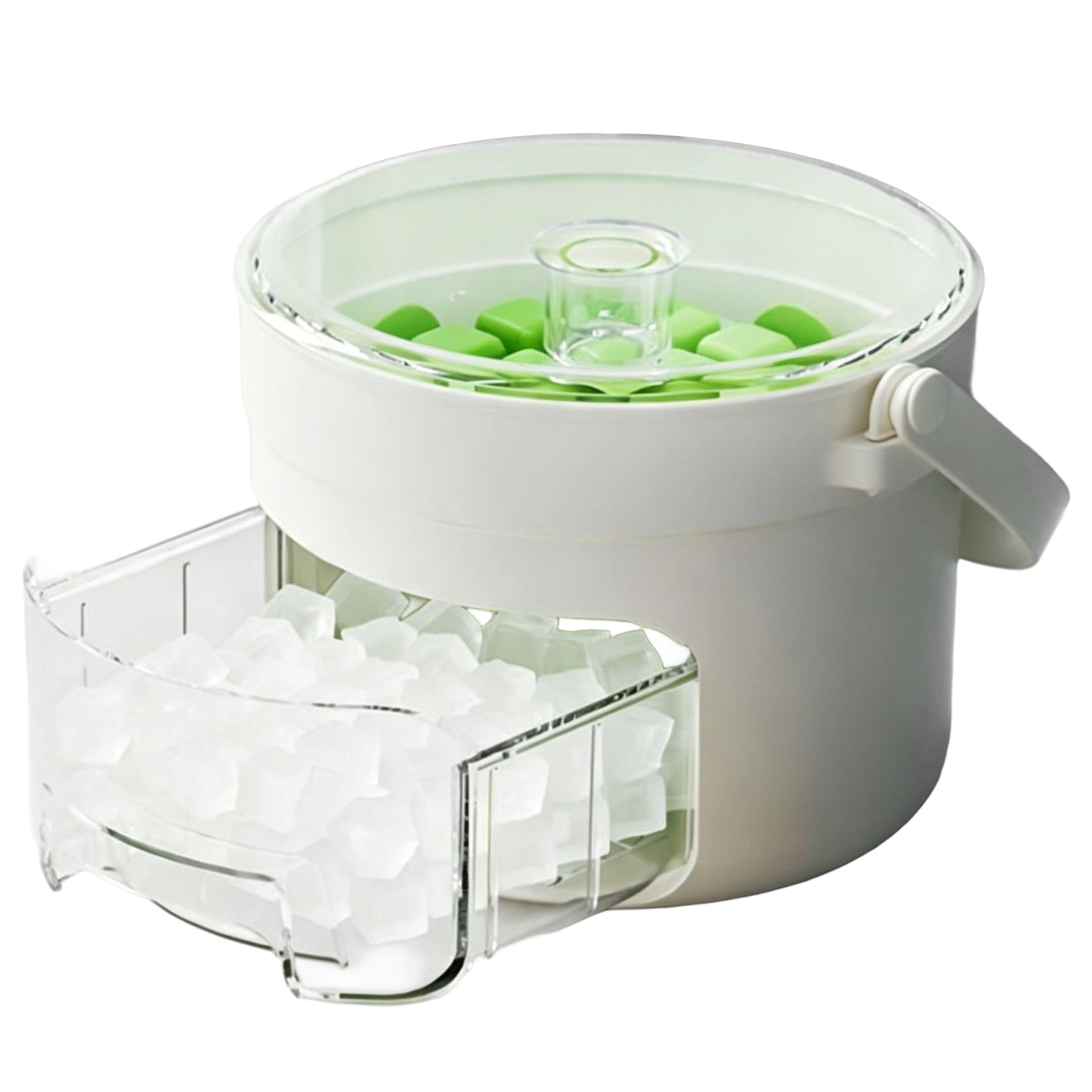 Goutdori Ice Cube Maker 25 Grid Plastic, Ice Bucket for Freezer with Lid Press Type Ices Maker with Scoop, White Green Cube, Plastic Bucket with Lid, Press Type Tray for Freezer, Cub