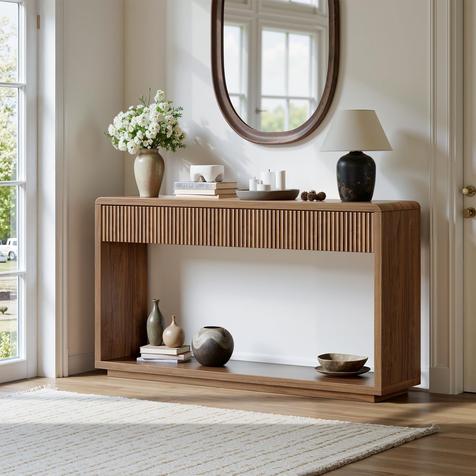 Evermagin 59'' Walnut Entryway Table with Drawers, Fluted Console Table, Mid Century Modern Sofa Table with Storage for Living Room, Entrance, Hallway