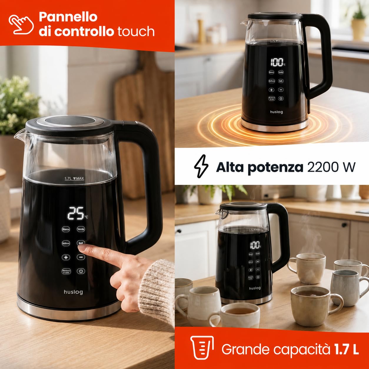 Bollitore Elettrico 1,7 L con Schermo Touch, 2200 W, Acciaio Inox & Vetro, Temperatura Regolabile 40–100 °C, 4 Livelli, Mantenimento Caldo, Filtro Anticalcare, Base Girevole 360°, Nero