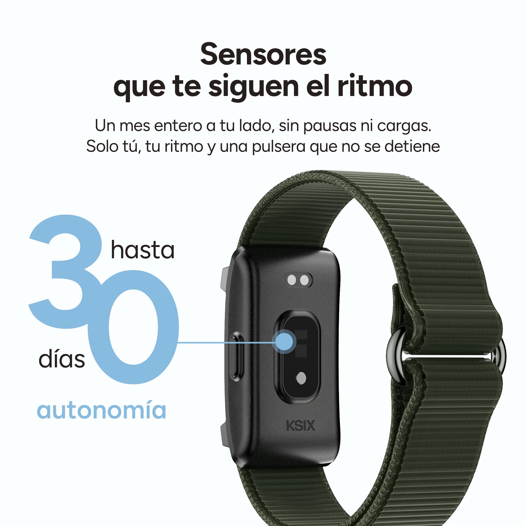 KSIX Vitalis Go Pulsera Inteligente sin Pantalla, Smartband con Monitor de frecuencia cardíaca, oxígeno, Temperatura, sueño y estrés, 5 ATM, 30 días autonomía, 2 Correas Verde y Beige — view 4