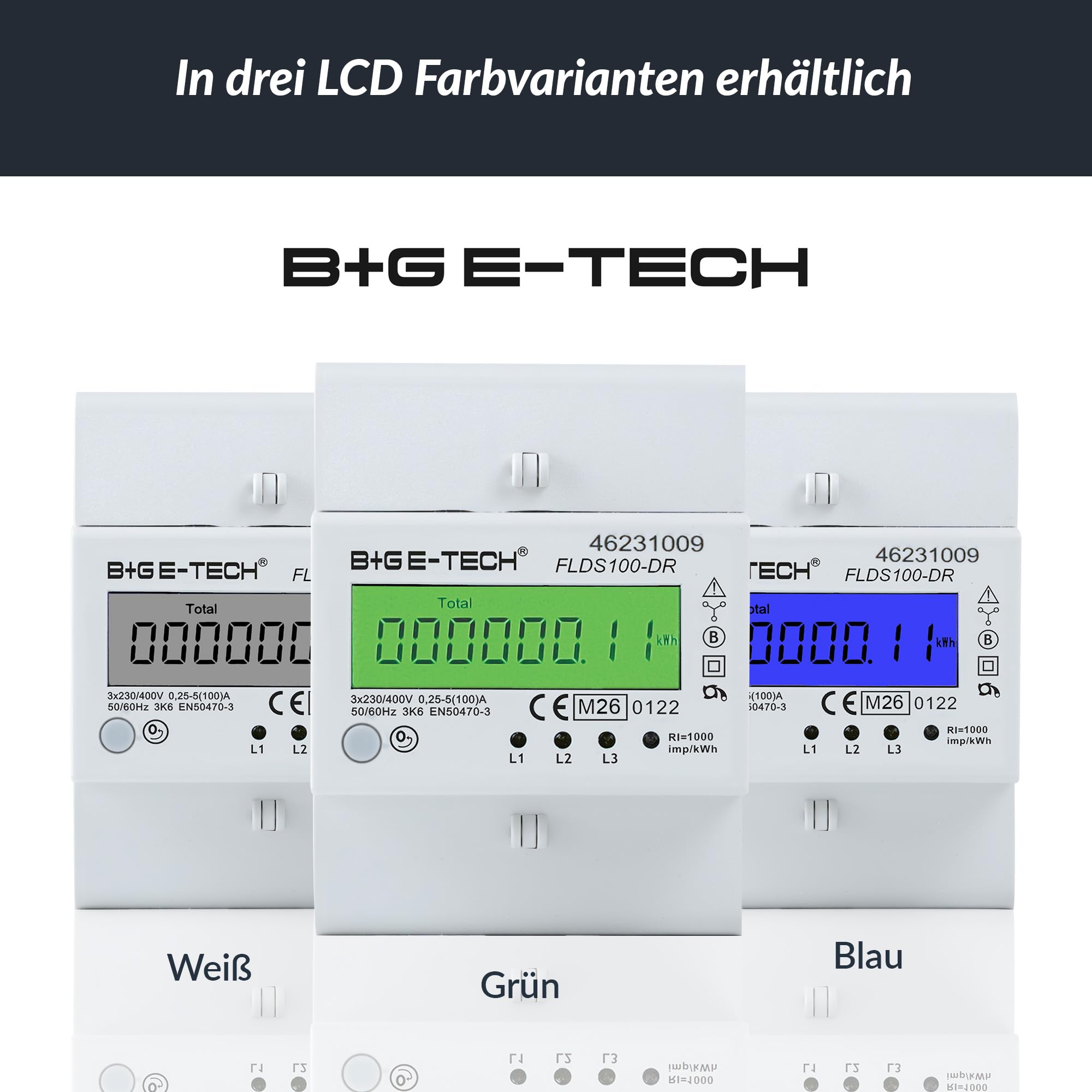 Stromzähler [FLDS100-DR] für Hutschiene mit Tageszählwerk (rückstellbar) und Lastanzeige, Drehstromzähler 100A, 3,9TE, S0, digital LCD beleuchtet (Grün - M26)