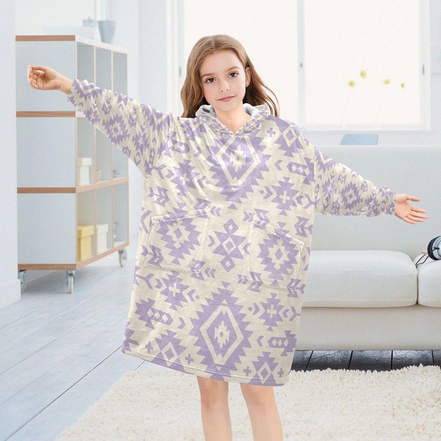 Kigai Ethnic Prints Wearable Blanket Hoodie for Kids Oversized Hooded Blanket Warm & Cozy Sweatshirt with Pockets