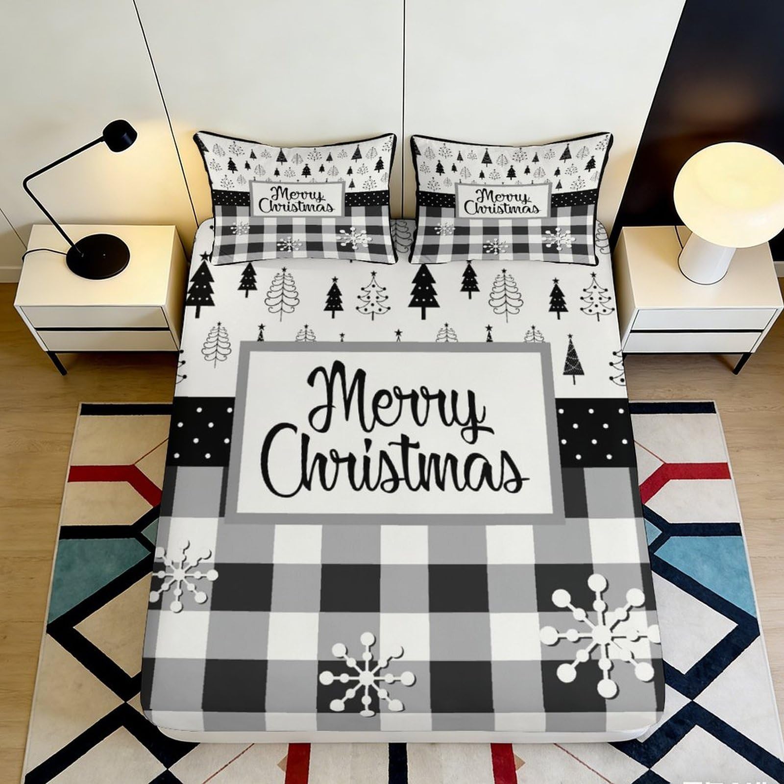 3D Printed Merry Christmas Fitted Sheet Microfiber Soft Breathable Snowflake Bed Cover for Bedroom Dormitory Guest Room Mattress Protection Decor 160x200x25cm