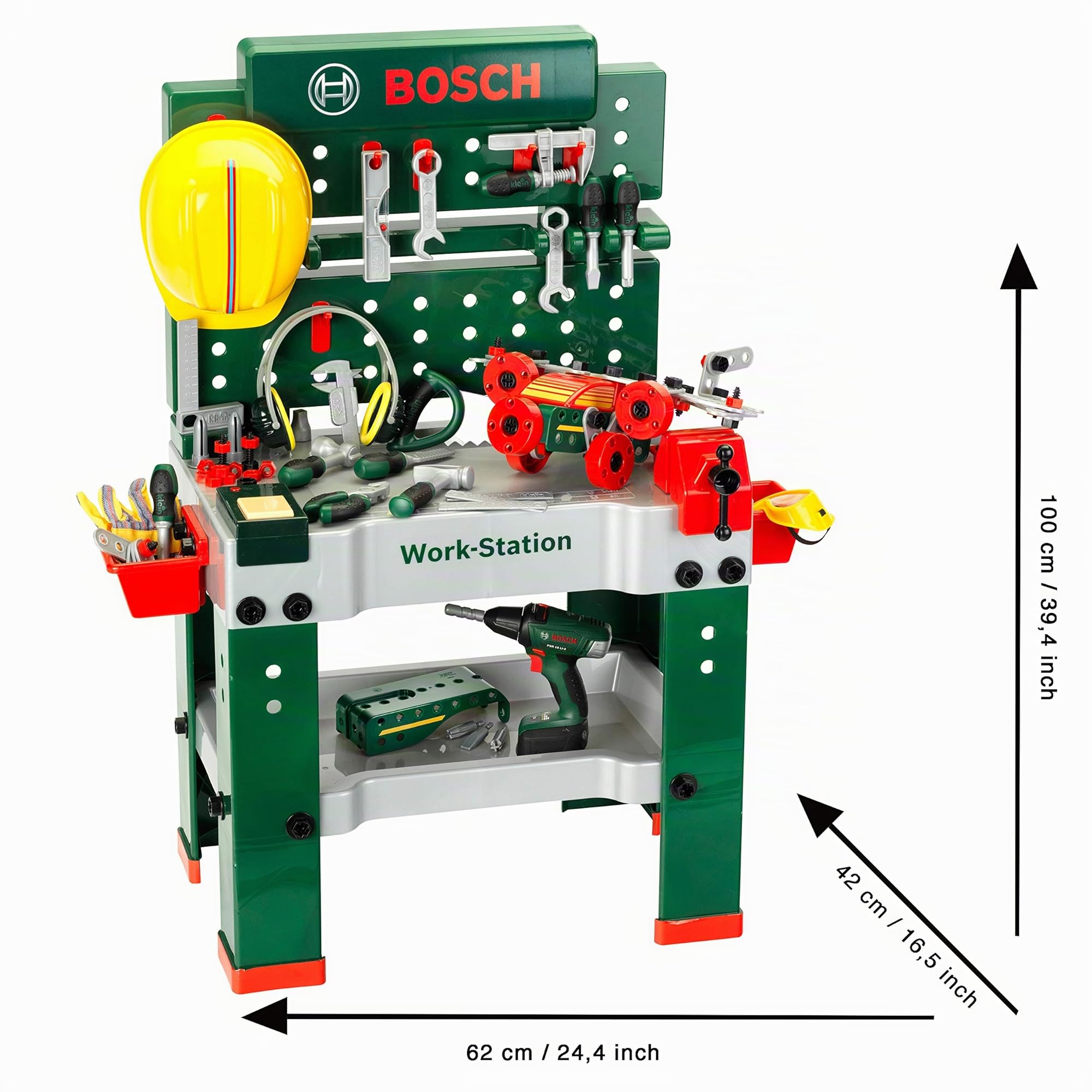 Theo Klein 8485 Bosch Workbench No. 1 I 150 parts I with Lots of Accessories , Incl Cordless Screwdriver with Light and Sound I Toy for Children Aged 3 Years and up