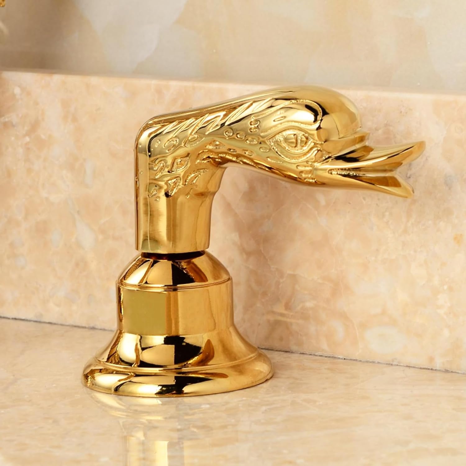 Golden Gold Ornate Swan Style Bathroom Sink Faucet Combo Deck Mount Sink Mixer Tap Set Hot Cold Water