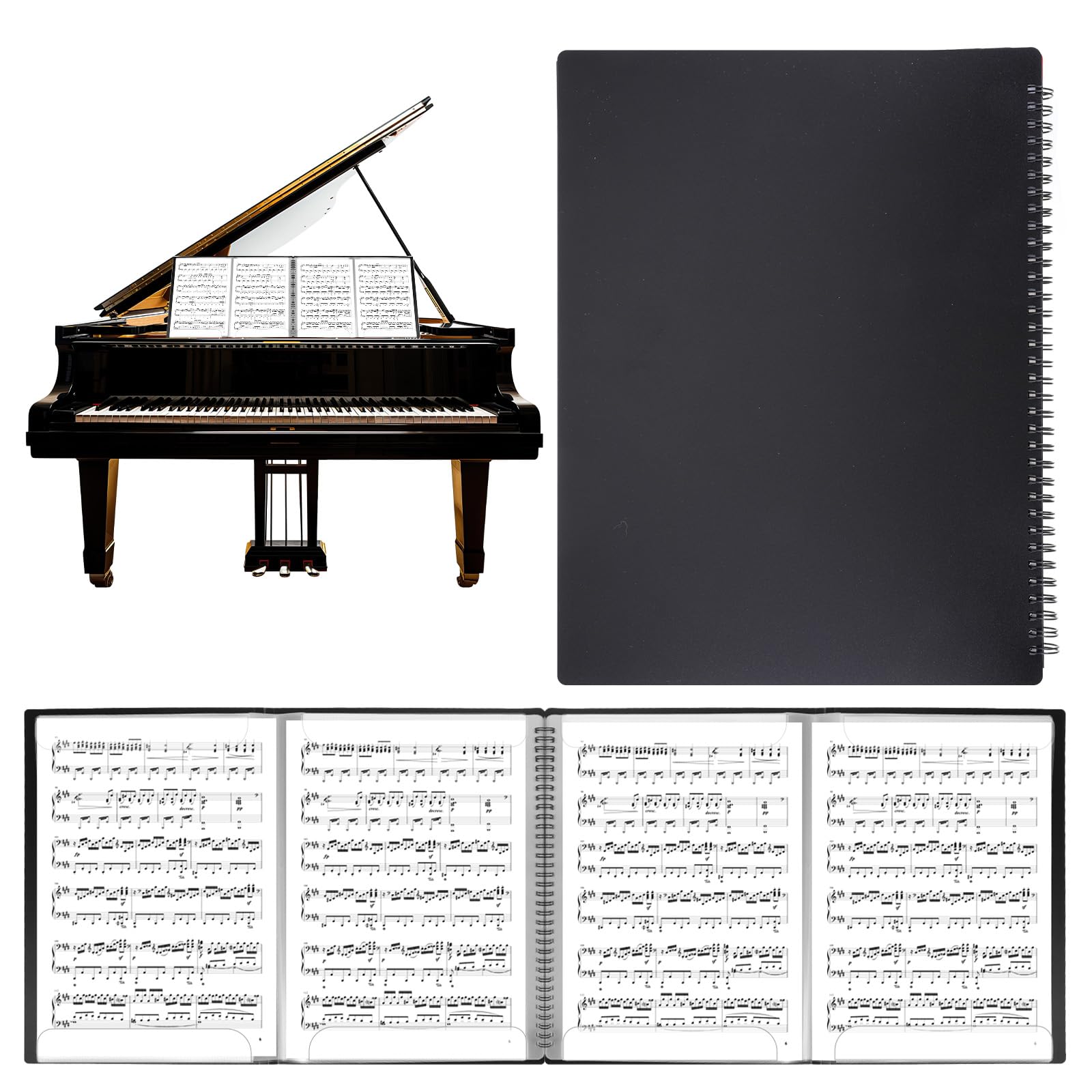 4 Pages Expand Sheet Music Folder, Spiral Sheet Musics Binder Allow Annotations, Black Double Side Writable Choir Folder, for Holding 8.5x11 inch Sheets Music and Storing Files, 60 Pages Capacity