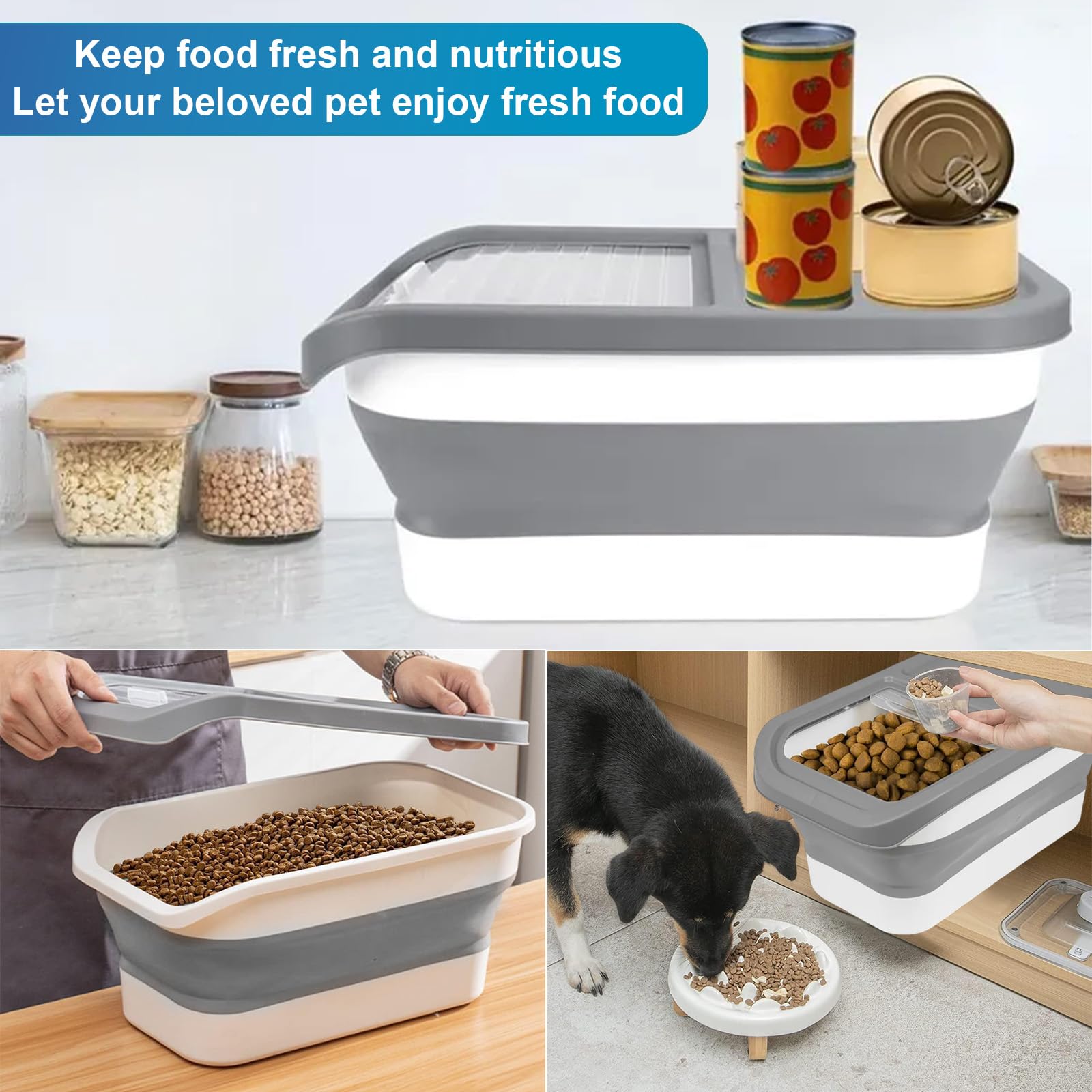 Dulynva Hundefutter Aufbewahrung, Faltbarer Futtertonne Hund 5kg, Dog Food Container mit Löffel Messbecher Tierfutterbehälter für Hundefutter und Katzenfutter (Grau) Haustier