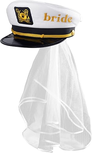 MGupzao Sombrero de capitán de novia para despedida de soltera, sombreros de fiesta nupcial con velo, regalo de novia, fiesta en barco en la playa