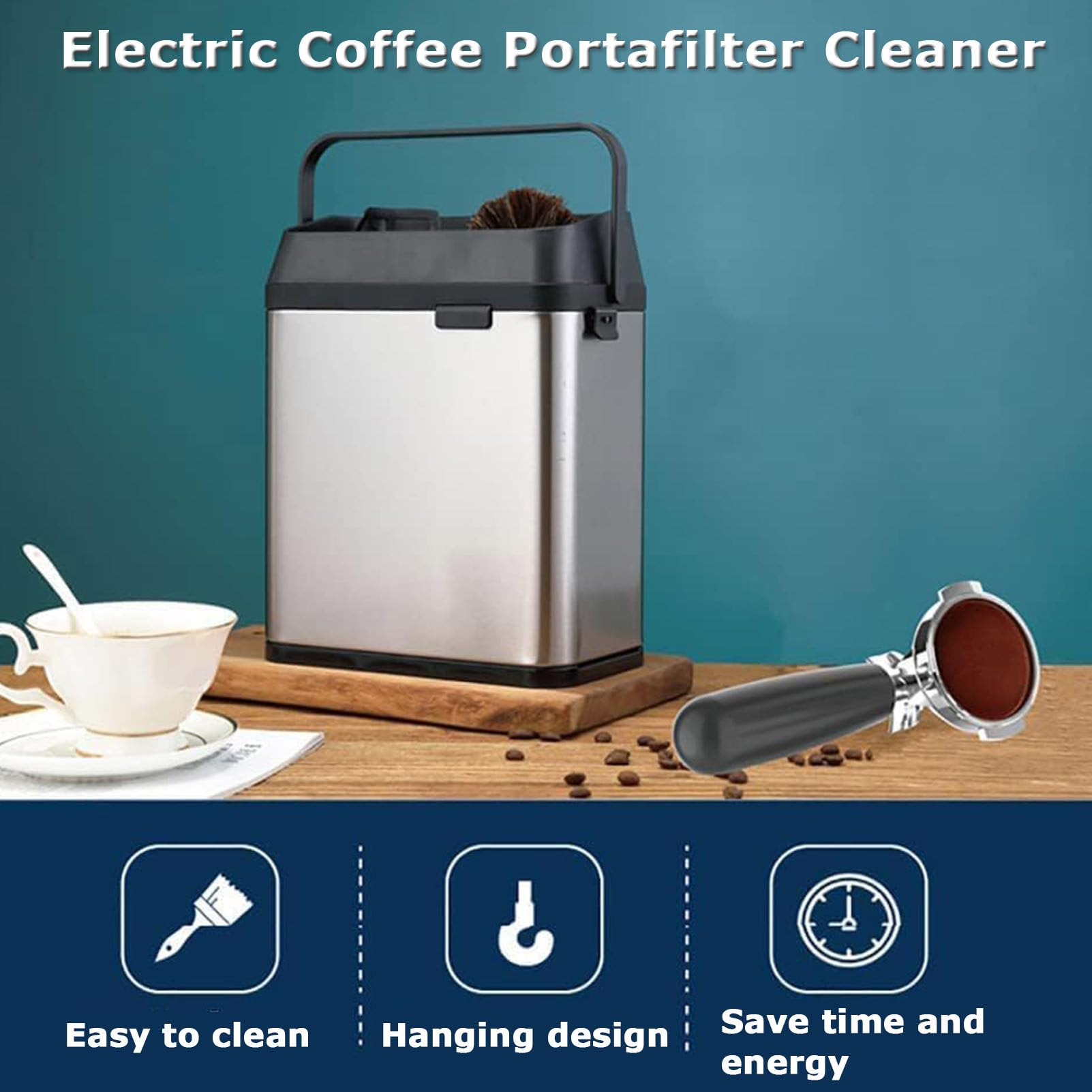 Limpiador comercial de portafiltros de café, máquina de limpieza de portafiltros eléctrica Limpiador de portafiltros de café, con 2 raspadores y 1 cabezal de cepillo para el hogar, restaurante