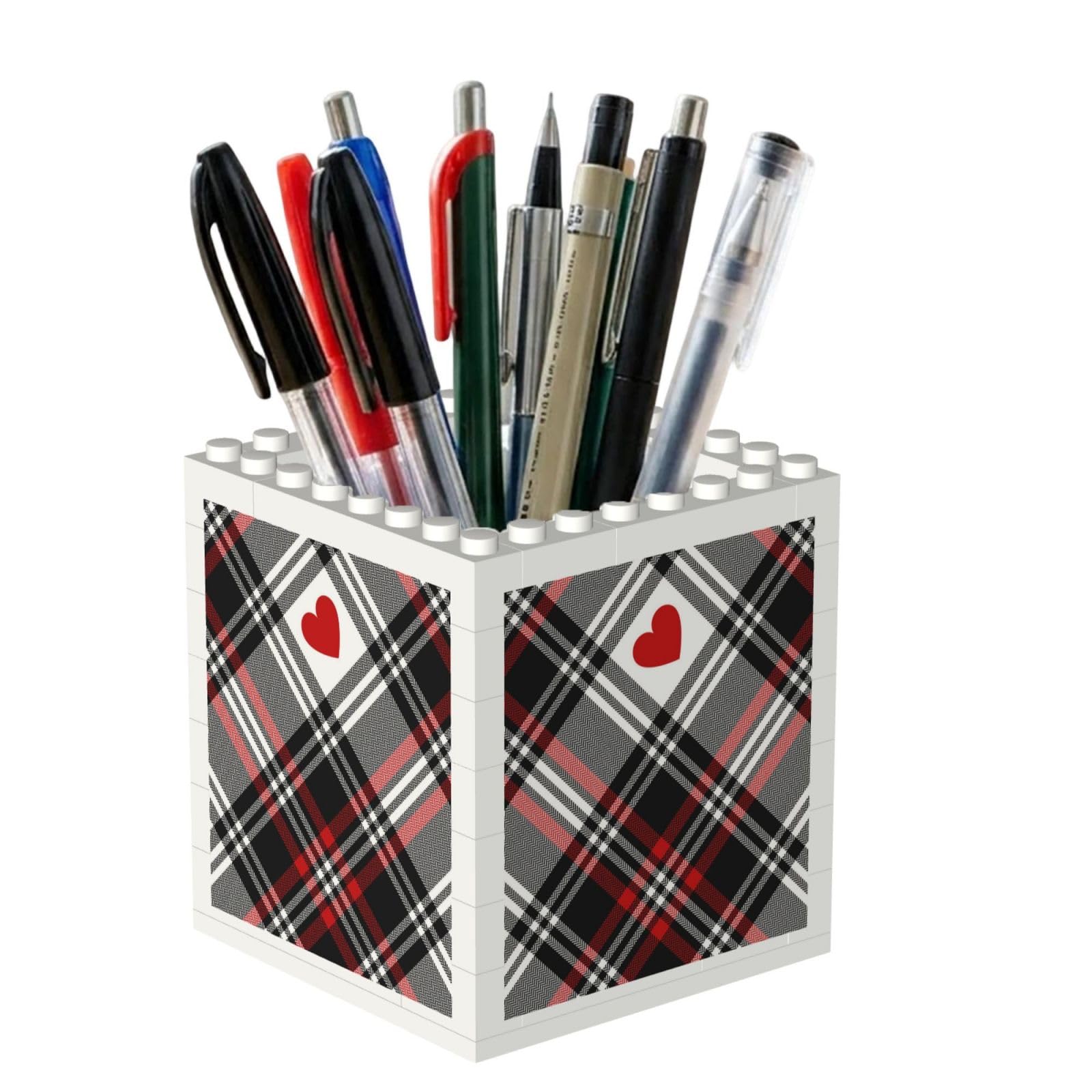Poadnly Valentines Plaid Hearts, Pen Pot Pencil Holder for Office Home School, Compact Desk Organiser for Office Stationery