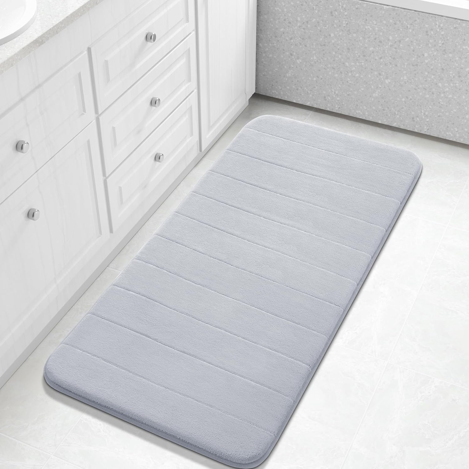 Yimobra Memory Foam Bath Mat 112 x 61 cm, Non Slip Bathroom Mat, Soft Absorbent Quick Dry Bath Rug, Machine Washable for Shower, Sink and Bathroom, Silver