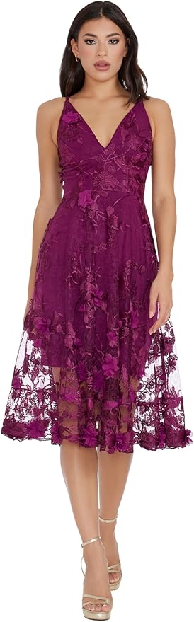 Dress The Population Womens Audrey Spaghetti Strap Midi A-line 3D Floral Dress