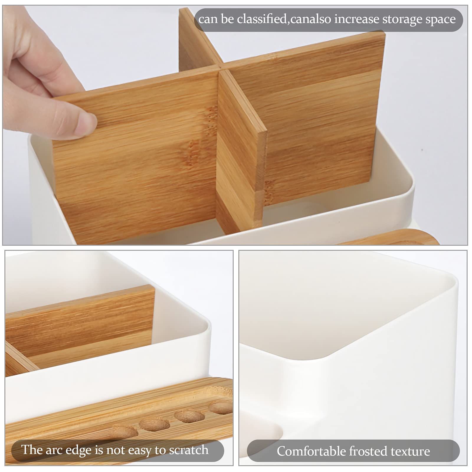 Organisateur De Bureau En Bois Et Plastique – 4 Compartiments Amovibles Pour Rangement Stylos, Papeterie, Petits Objets - 12
