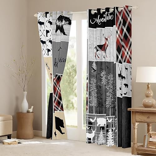 Miniatura 3 de Cortinas opacas de ciervos de caza, cortinas rústicas retro para niños, adolescentes, adultos, decoración de dormitorio, cortinas de aventura de oso