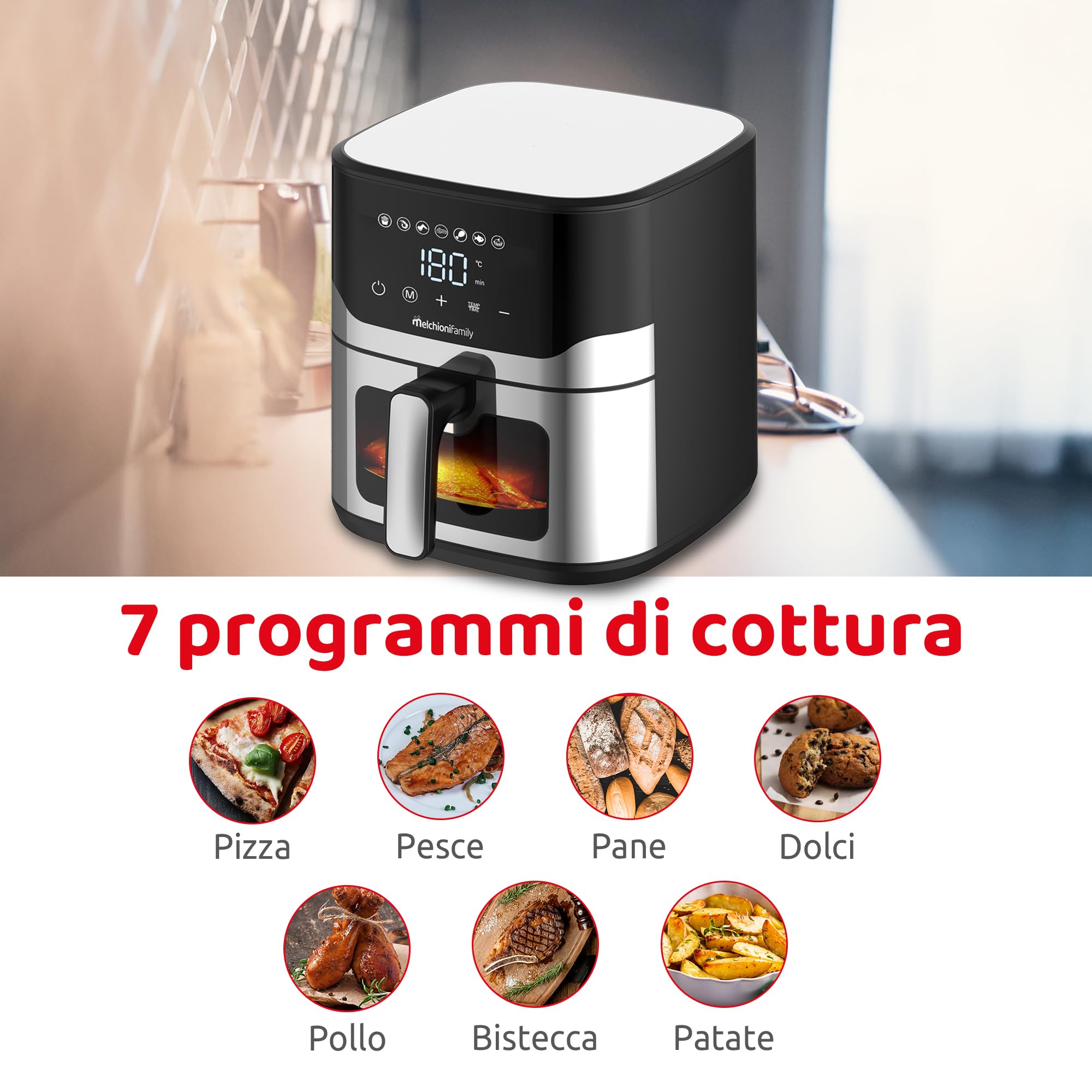 Melchioni Family | MATILDE Friggitrice ad Aria 8L 2200W di Potenza, Cestello Removibile con Maniglia, Griglia Separagrassi, Timer 60 Min, Cottura Light con -80% di Grassi