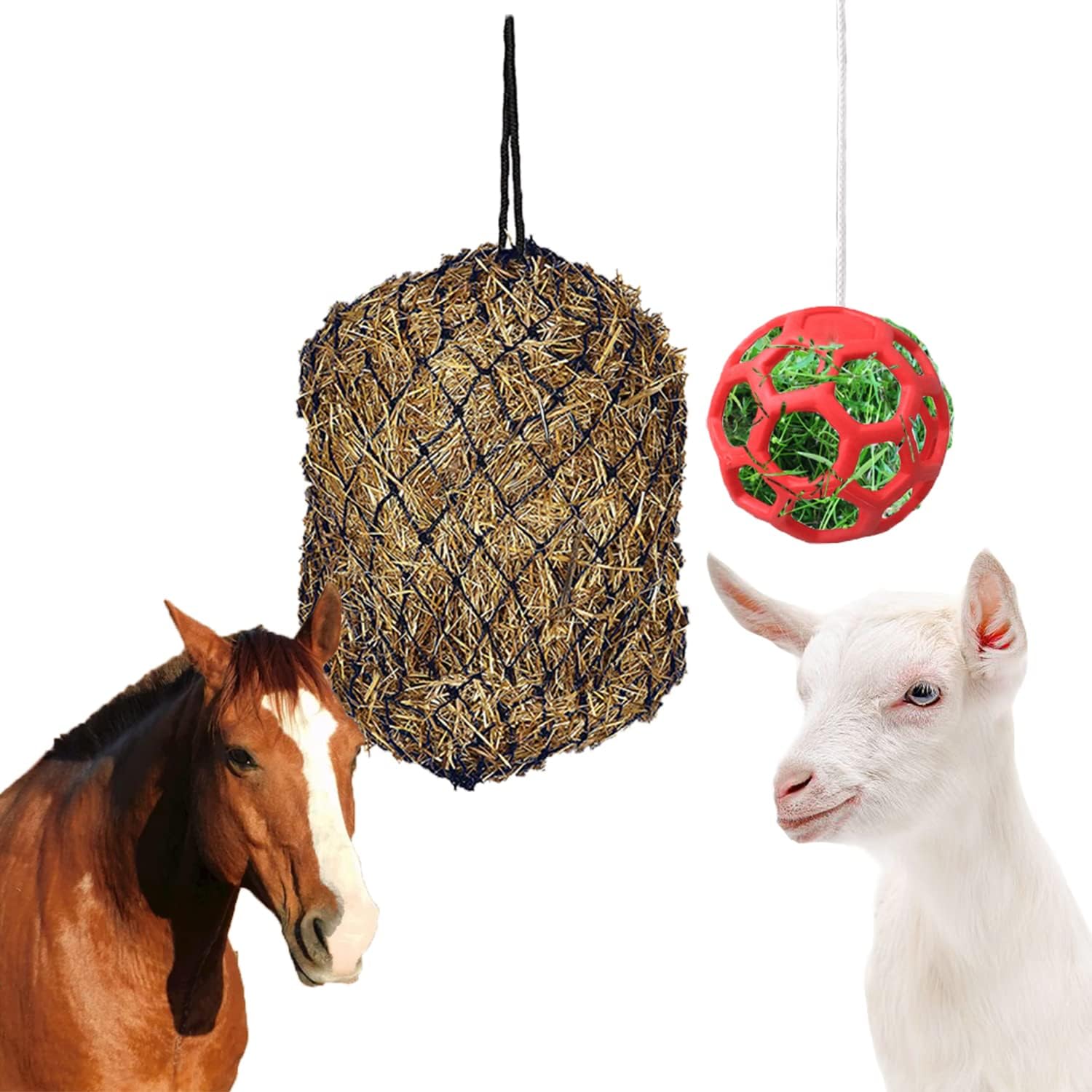 WoYous Goats Treat Ball and Hay Net for Goats Set, Hanging Hay Feeder Bag with Holes Can Slow Feed, Goat Feeder Ball Toy for Horse Goat…