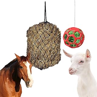 Goats Treat Ball and Hay Net for Goats Set, Hanging Hay Feeder Bag with Holes Can Slow Feed, Goat Feeder Ball Toy for Horse Goat Sheep Relieve Stress