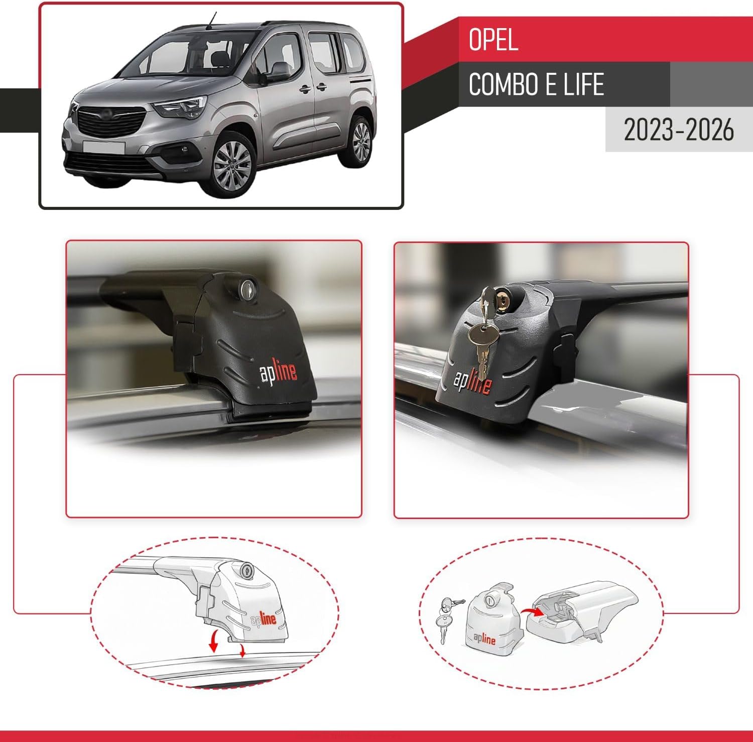 Compatible with Opel Combo E Life 2023-2026 ACE-2 Type Car Roof Rack Cross Bar Black Aluminium Bars