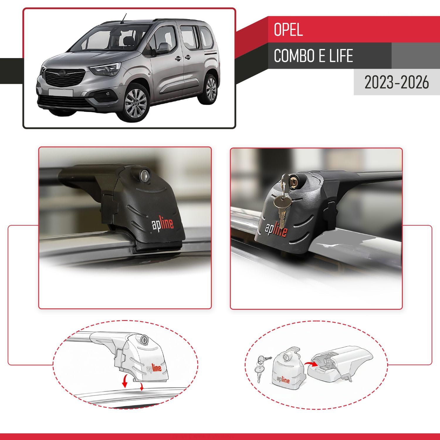 Compatible con Opel Combo E Life 2023-2026 Modelo Ace-2 Barra de Techo Auto Portaequipajes Barras Transversales Negro Aluminio 2 Barras