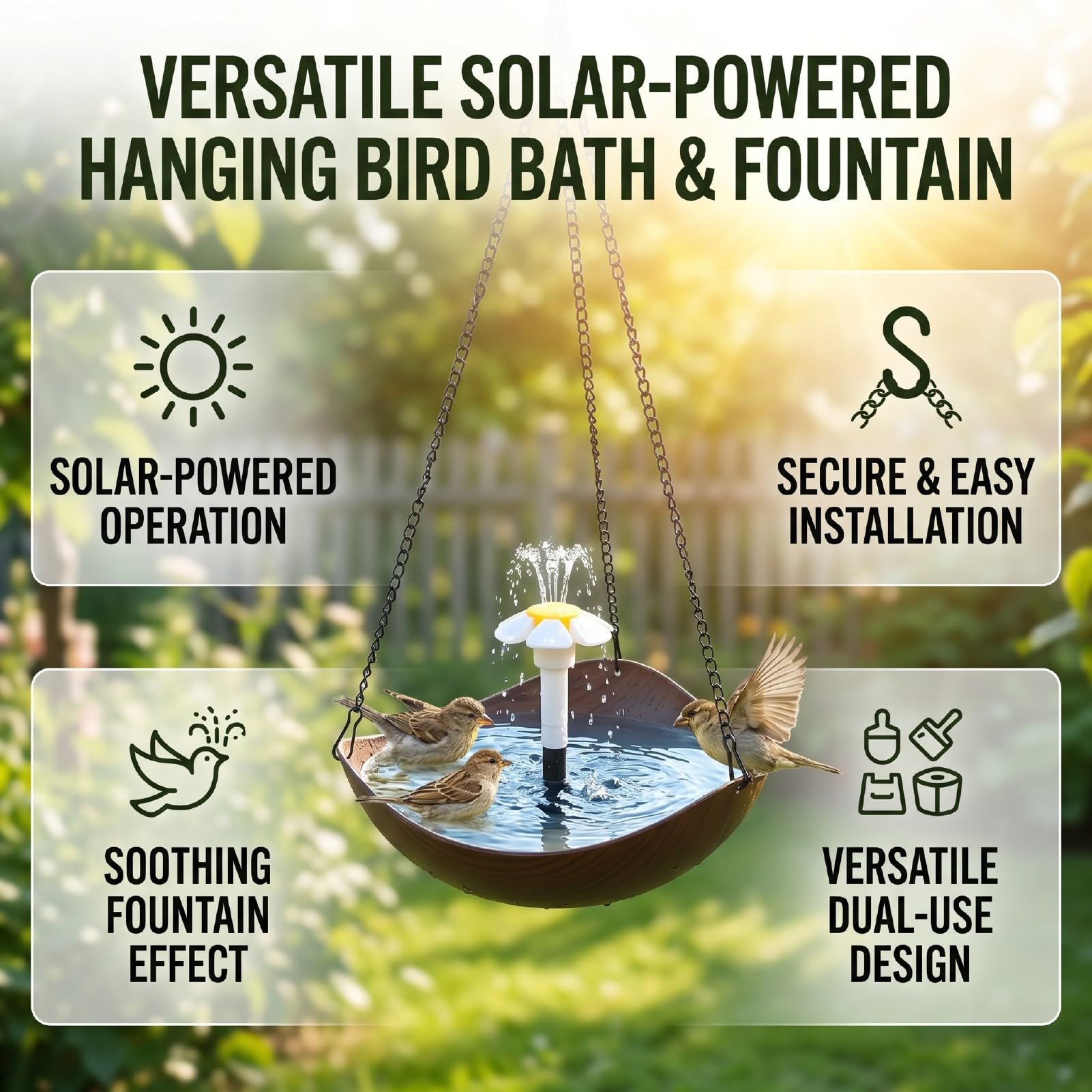 Cryfokt Bebedero Colgante para Aves con Bomba de Fuente Solar, Plato de