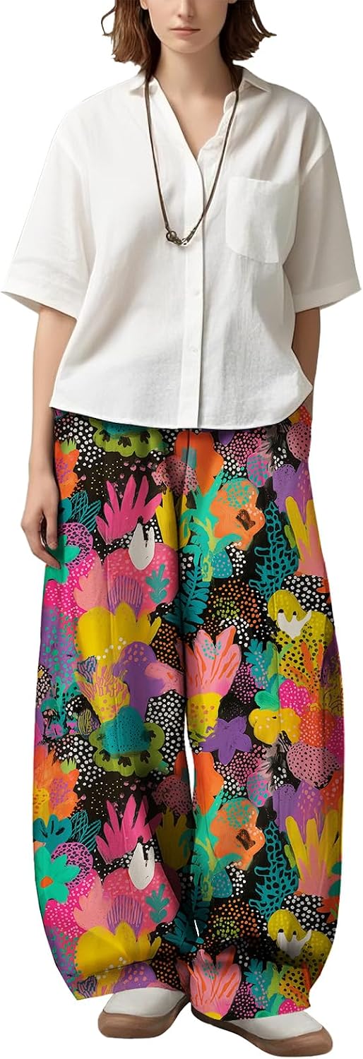 Zhyaj Womens Wide Leg Tropical Floral Print Pants Lightweight Cotton Blend Summer Beach Bohemian Trousers with Pockets