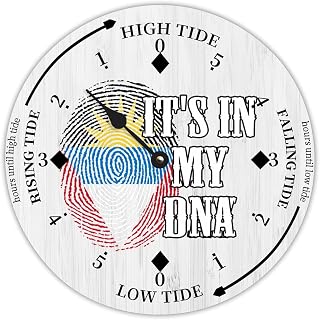 Antigua and Barbuda It's in My DNA Flag Wood Tidal Clock Ocean Time Maritime Coastal Beach High Tide Low Tide Clock Rustic Wooden Nautical Tide Movement Vintage Decor for Beach House Kitchen 10"