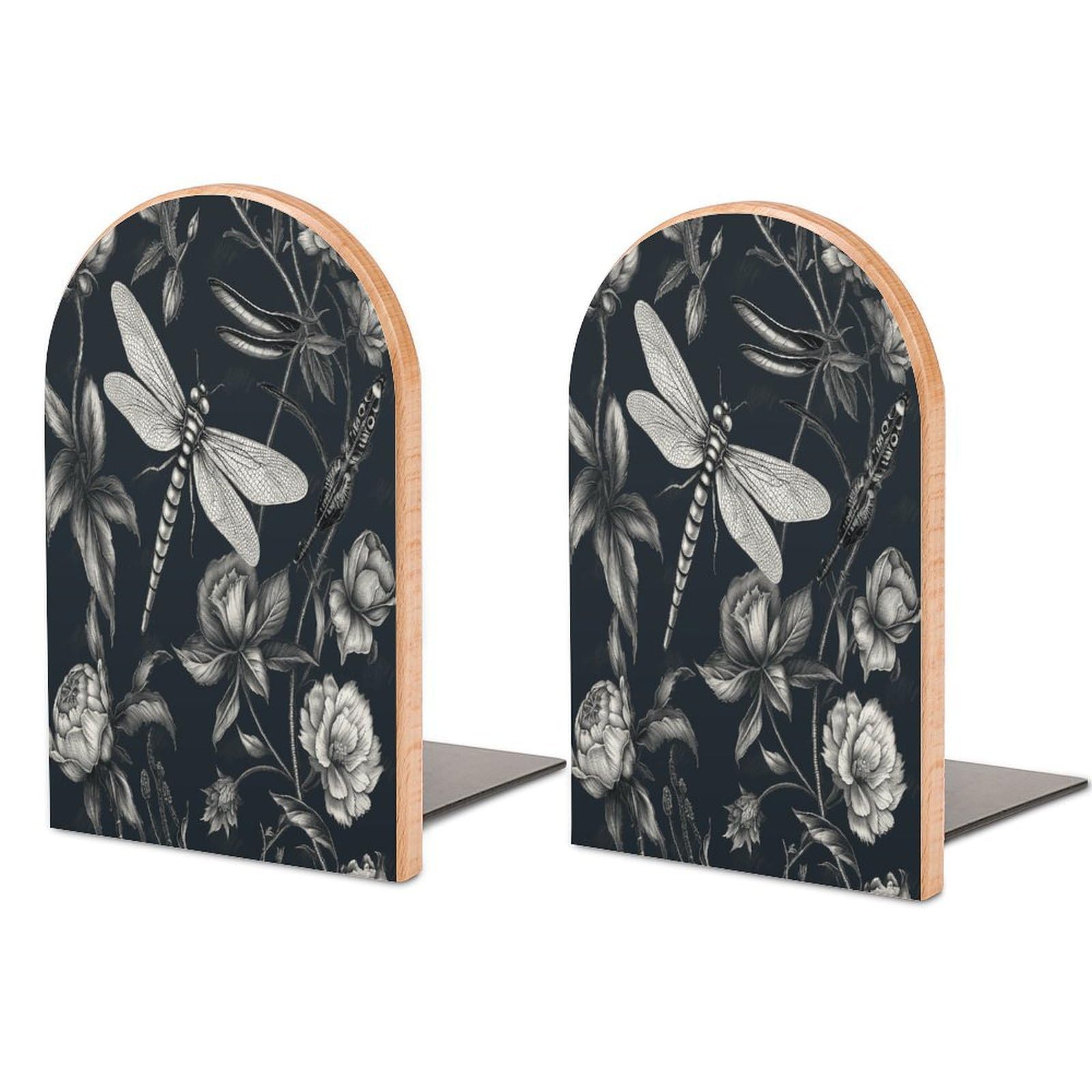 Black Flowers and Dragonfly Book End for Shelves Book Shelf Holder Home Decorative Non Skid Book Stoppers Universal Economy Bookend Wood Handmade Heavy Duty Bookend for Home Office 1 Pair