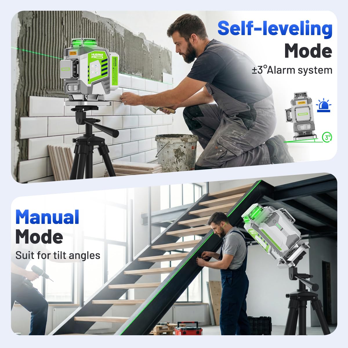 Huepar Pro Outdoor Nivel Láser con Receptor, 4 * 360° Autonivelante con Láser Verde, Nivelación de Alta Precisión en 4D con Batería de Iones de Litio de 8000mAh, Control Remoto y Estuche Rígido