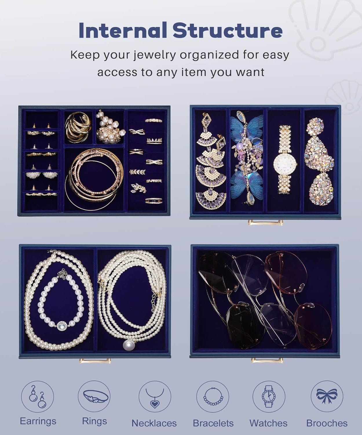 Jewelry Box with 3 Drawers: Display Organizer for Earrings Necklaces - Gifts for Girls Women (Dark Blue) - Image 5