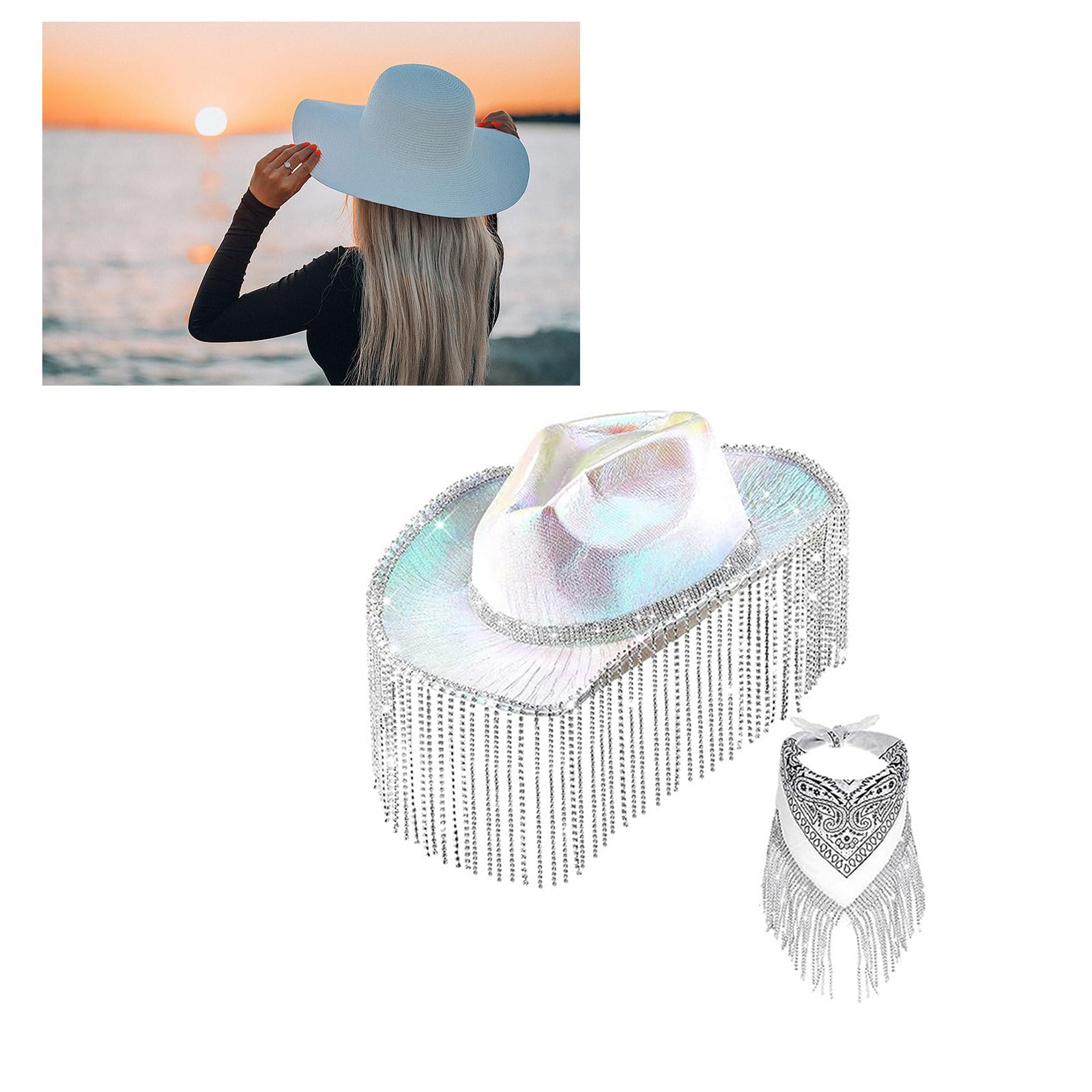 Bandana con flecos y sombrero de vaquero Weatern, bufanda de vaquera para despedida de soltera, pañuelo de vaquera
