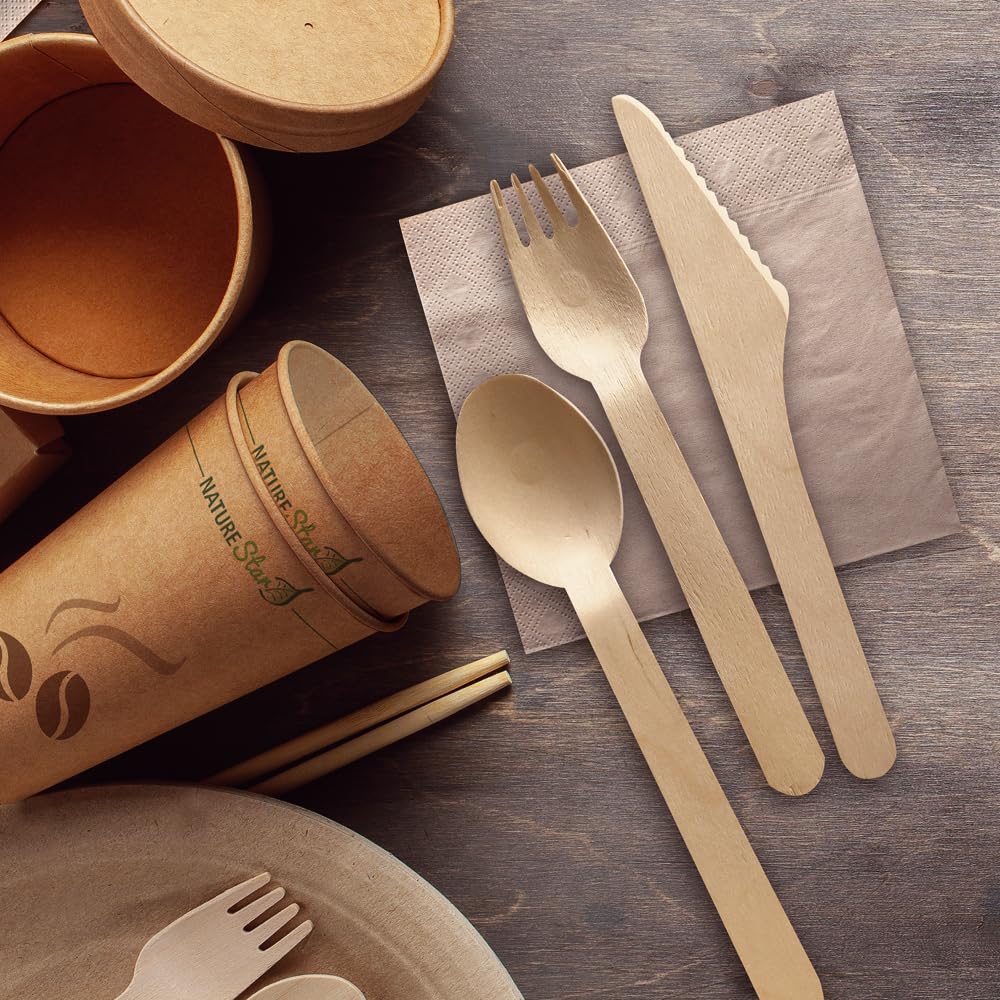 Franz Mensch NATUREStar Bestecksets Triple | Holz FSC® 100%, 500 Stück, Einwegbesteck Set mit Messer, Gabel, Löffel und Serviette