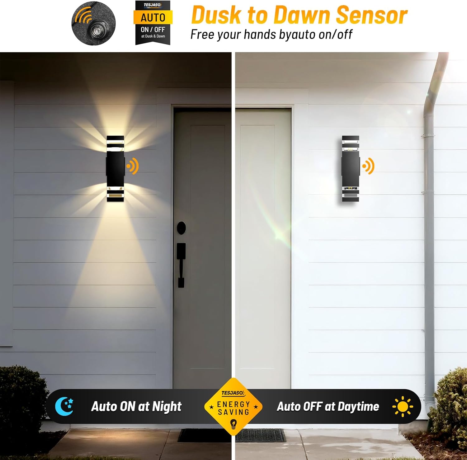 Modern Outdoor Wall Sconce 2-Pack, Up Down Outdoor Lights with Dusk to Dawn Sensor, Waterproof Exterior Light Fixture Wall Mount for House, Porch, Patio, Garage (E26 Bulbs Included)