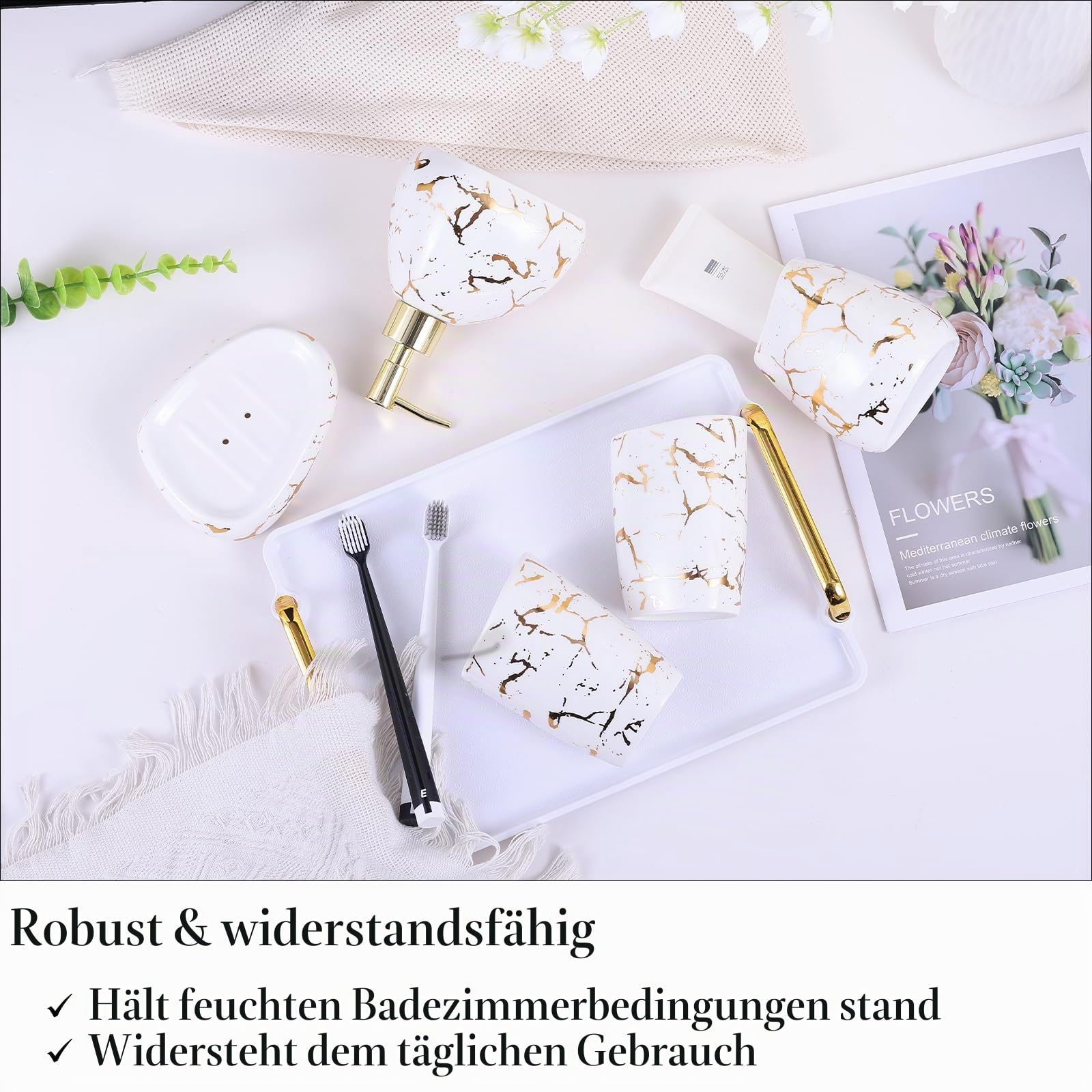 6 pcs Keramik Set für Badezimmer Weiß mit goldnem Marmor-Look. Enthält Seifenverteiler, Zahnbürstenhalter u. mehr. Stylische und praktische Badezimmerdekoration.