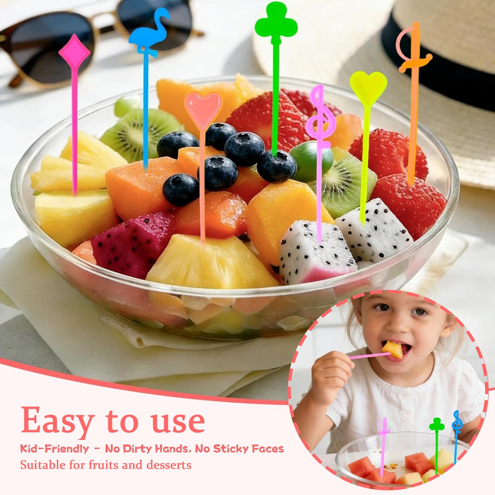 200 Brochettes à Fruits Réutilisables en Plastique sans BPA, Fourchettes Mini Enfant avec Motifs Cœur Note Musicale Flamant Épée, Piques Apéritifs Cocktail pour Soirée Barbecue Réunion Familiale