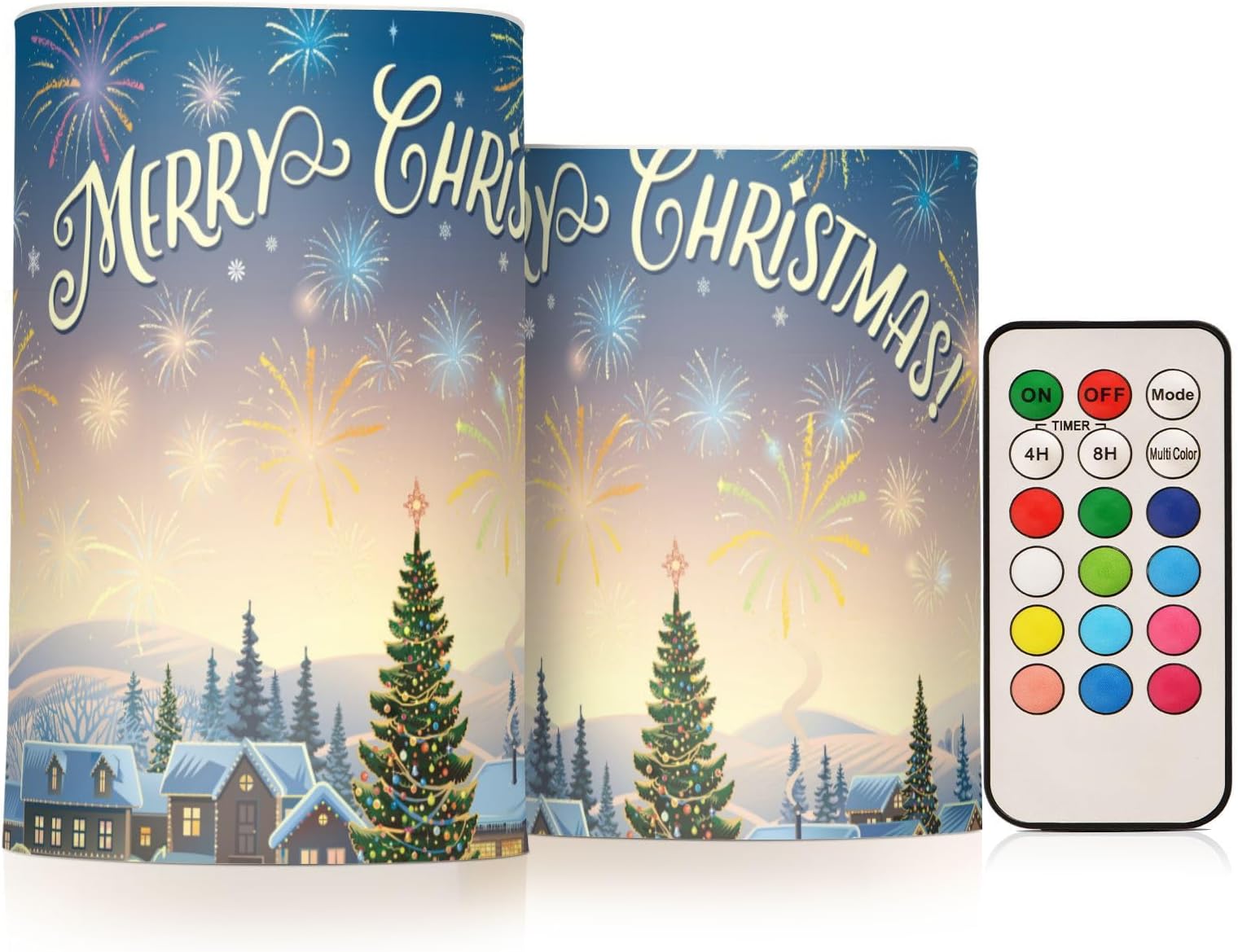 ZRWLUCKY Village Merry Christmas Trees Fireworks LED Flickering Battery Pillar Candles for Christmas, Halloween, Thanksgiving Day Decors Party Decoration with Timer Remote