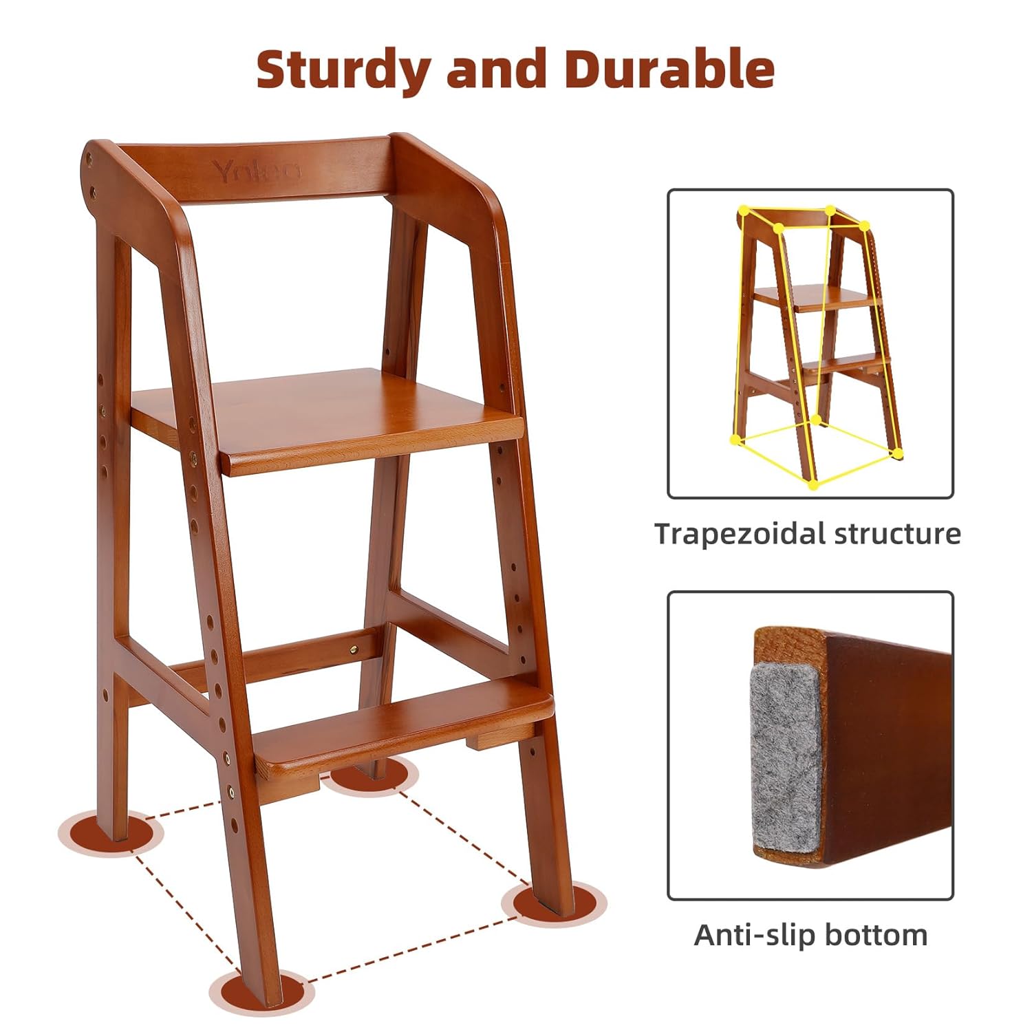 Yoleo Wooden High Chair for Toddlers to Teens, Adjustable Dining Feeding Chair with Steps Grows with Child, Max 60kg (Nut-Brown)