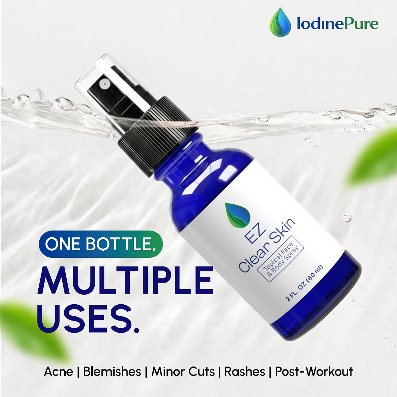 Clear Iodine Spray EZ Clear Skin Fast Drying & Non-Staining Topical Cleansing Spray, Decolorized Iodine Liquid Mist for Cuts, Scrapes & Acne Prone Face and Body Skin Care, Active Lifestyles, 2 Fl Oz | Pure aqueous iodine & distilled water for daily skin cleansing for use in acne skin support and minor cuts and scrapes