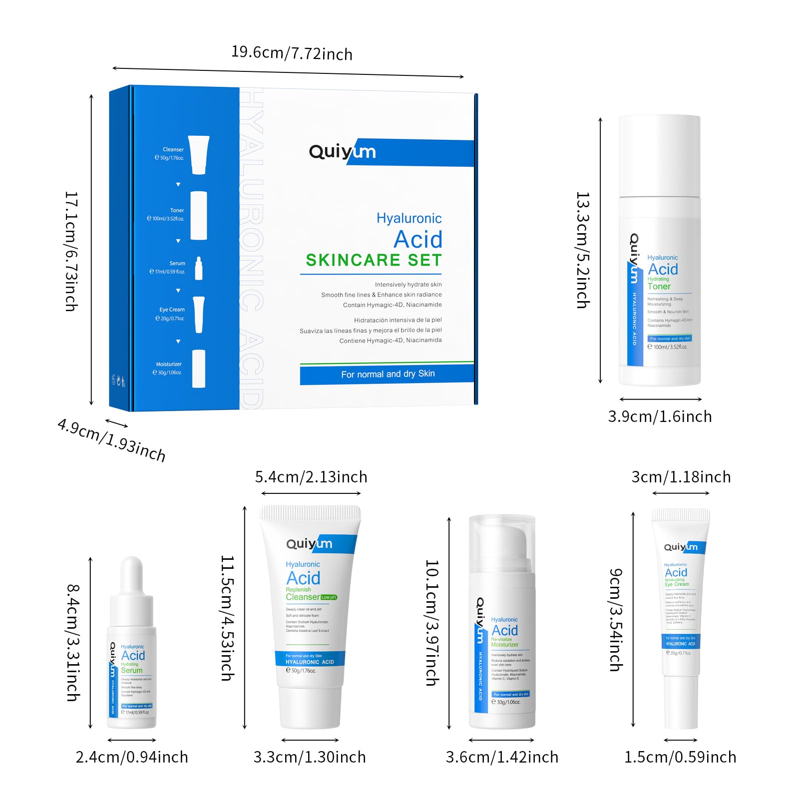 QUIYUM Set Acido Ialuronico 5 Pezzi Kit Skincare Completo per la Cura della Pelle Viso, Set Regalo per Donna, Idratazione Intensiva, Adatto a Tutti i Tipi di Pelle