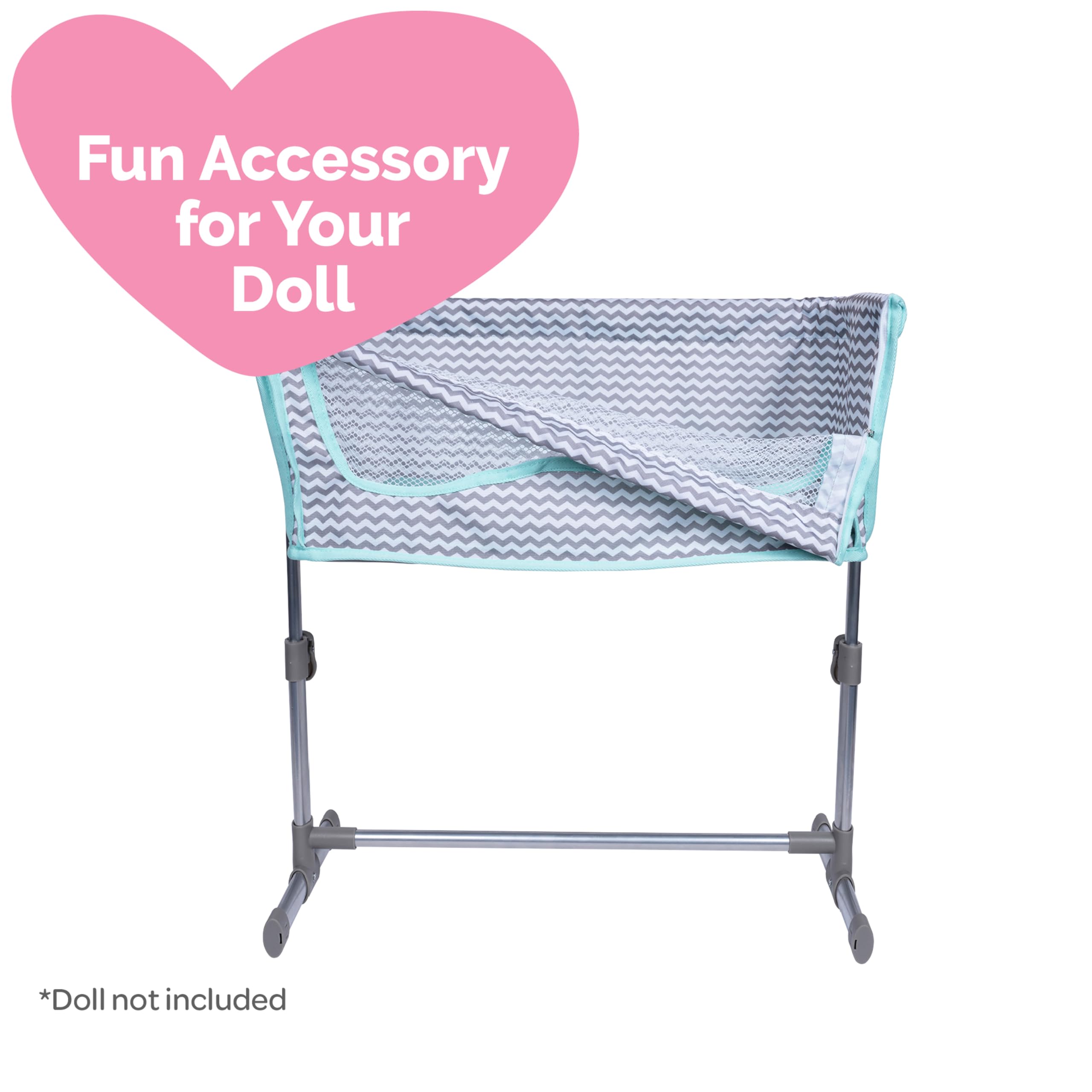 Adora Lightweight Baby Doll Bed Fits Dolls Up to 16 Inches with Drop Down Side Removable Pad Trendy Teal and Grey Design | Zig Zag Doll Bassinet