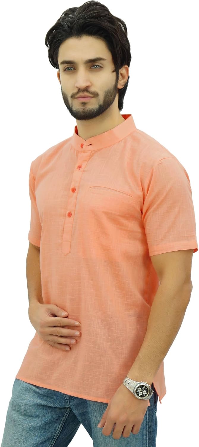 Atasi Men's Short Sleeve Peach Cotton Mandarin Collar Shirt Ethnic Clothing-X-Large