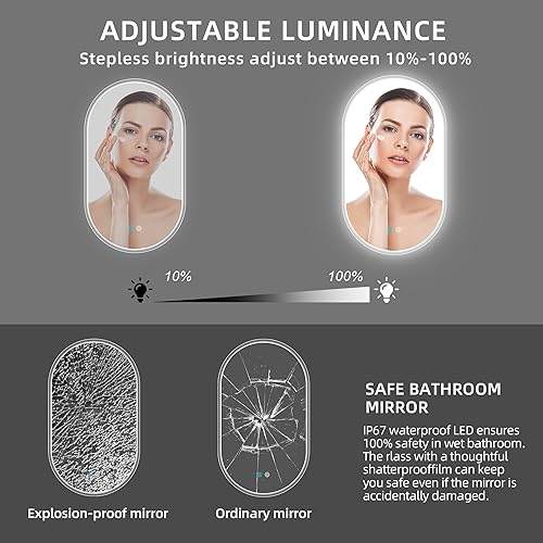 Miniatura 5 de Espejo de baño inteligente de tres colores de 26 x 18 pulgadas con luz, espejo de tocador inteligente ovalado sin marco para colgar verticalmente