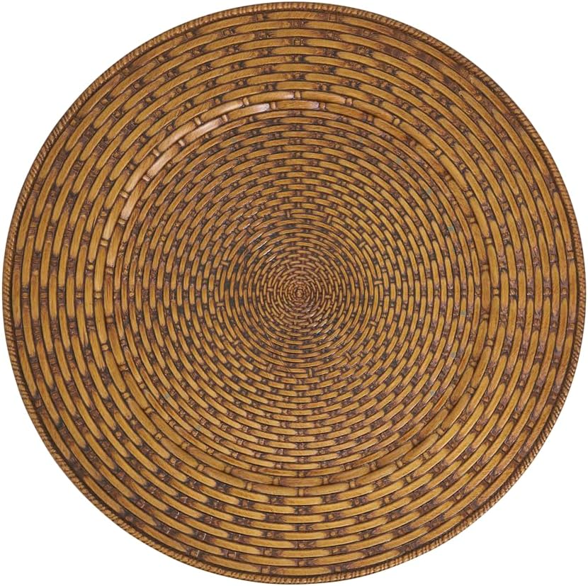 Fennco Styles Rustic Woven Look Faux Rattan Charger Plates 13" Round, Set of 4 – Brown Table Charger for Dining Table, Wedding, Holiday and Event Décor
