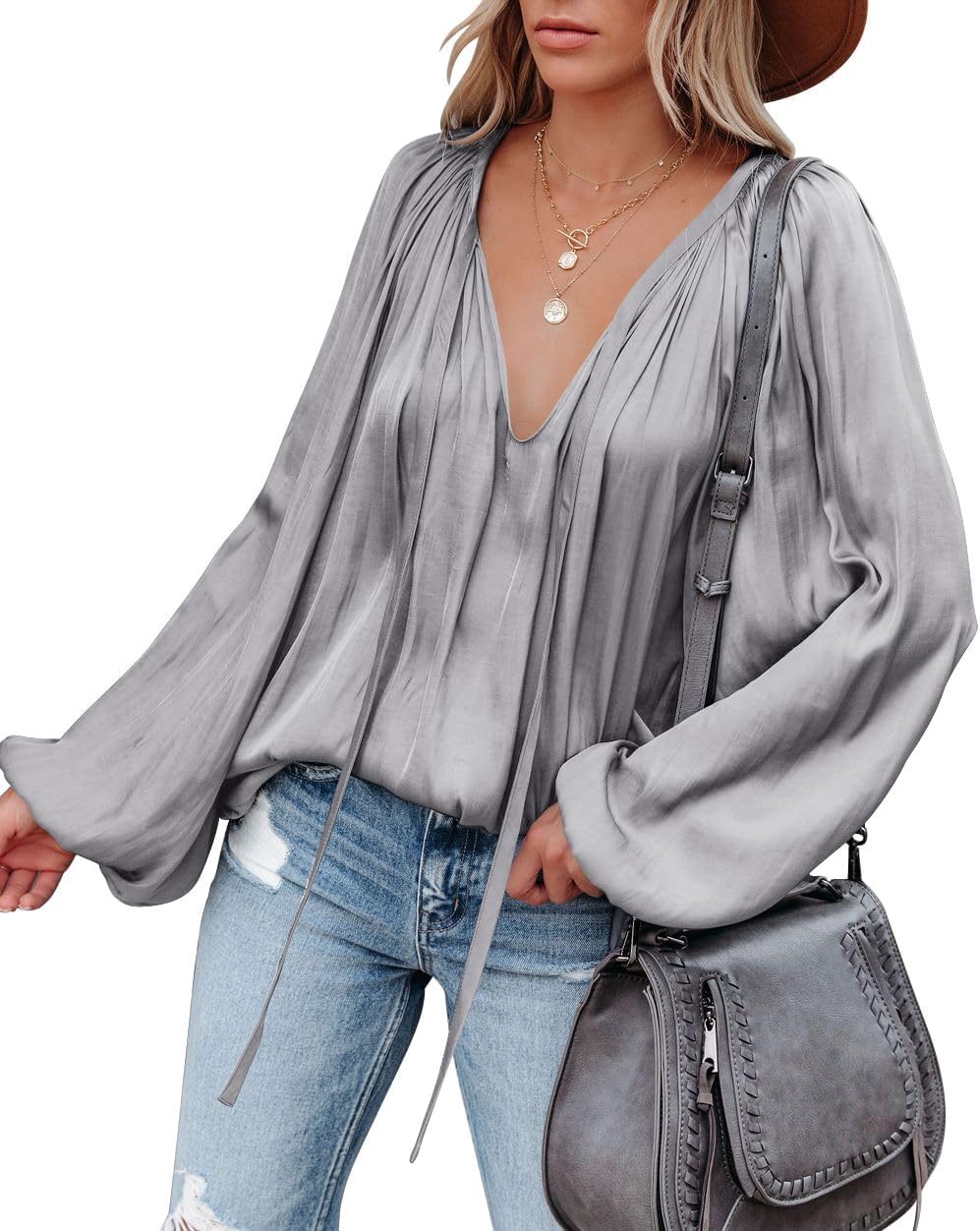 LAMISSCHE Womens Sexy Deep V Neck Blouse Lantern Long Sleeve Chiffon Shirt Oversized Drawstring Silk Satin Tunic