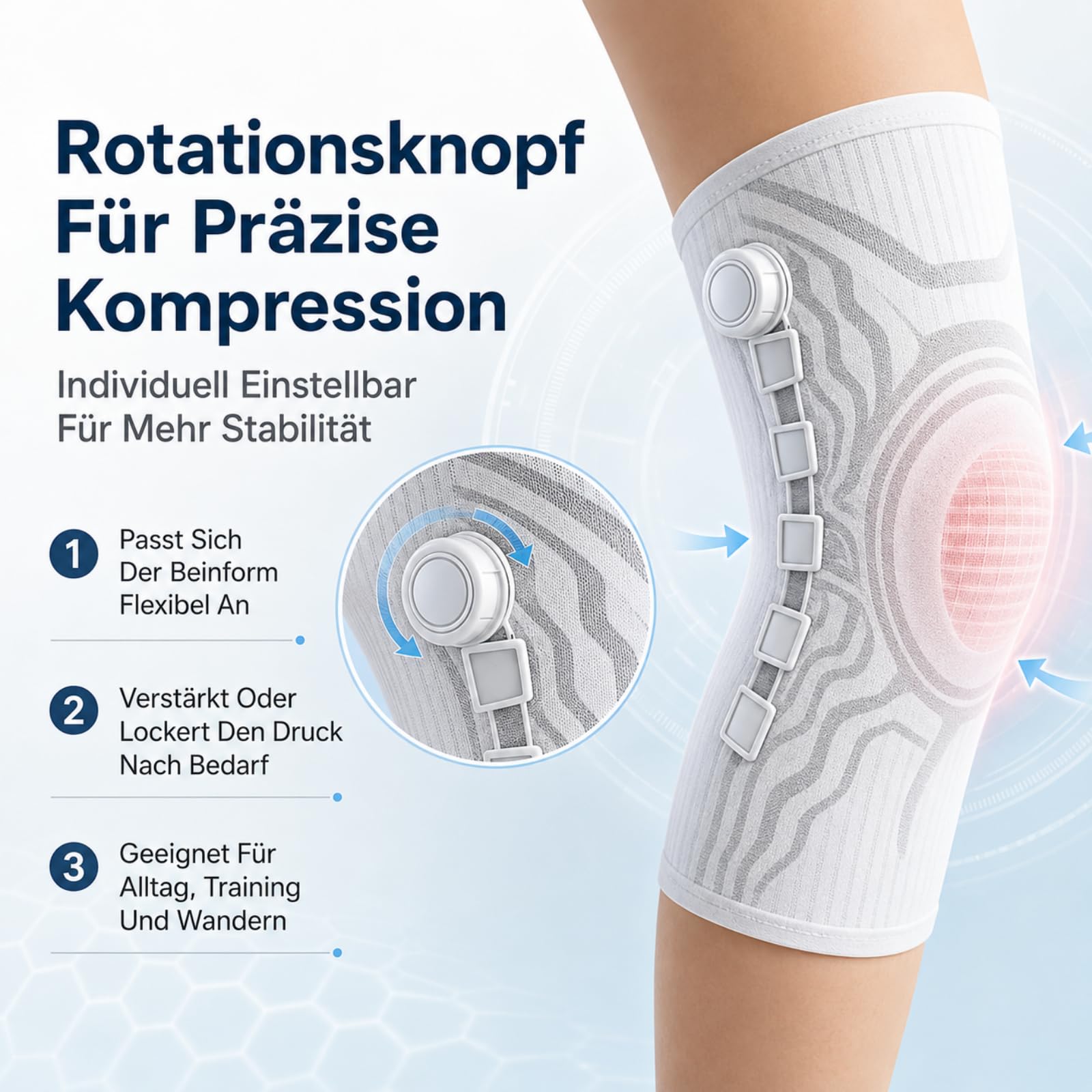 VILAO Kniebandage Mit Drehverschluss Patellarschutz 3D Kompression Rutschfest Für Alltag Arbeit Laufen Fitness Und Sport Kniebandage Männer (XL,2Weiß)