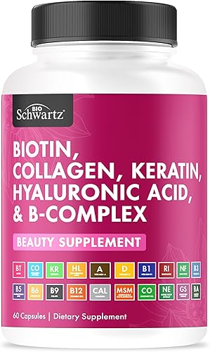 BioSchwartz Suplemento de queratina de colágeno y biotina, vitaminas para el cabello para mujeres, 10000 mcg de biotina con ácido hialurónico y