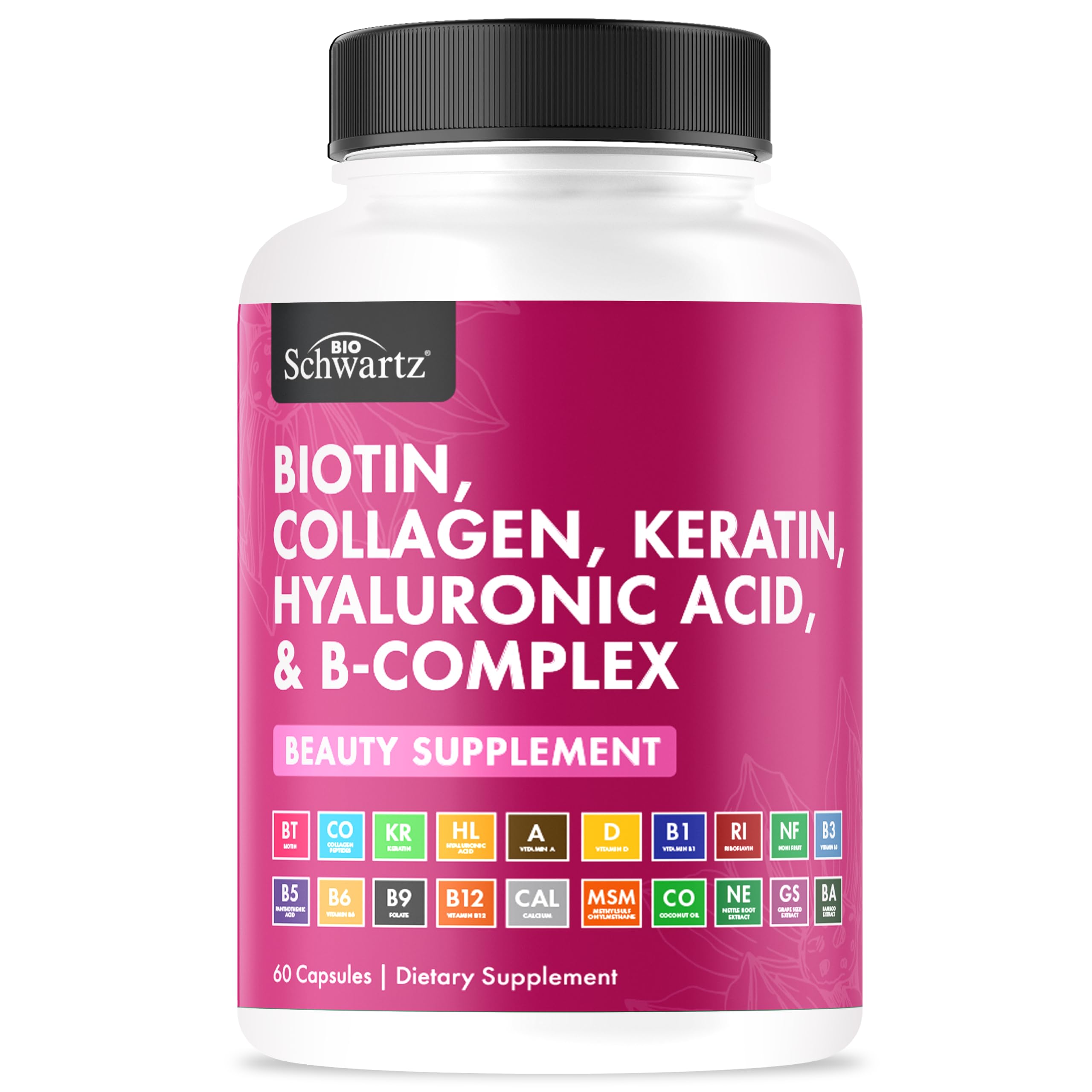 BioSchwartz Biotin Collagen Keratin Supplement - Hair Vitamins for Women - 10000mcg Biotin with Hyaluronic Acid B Complex