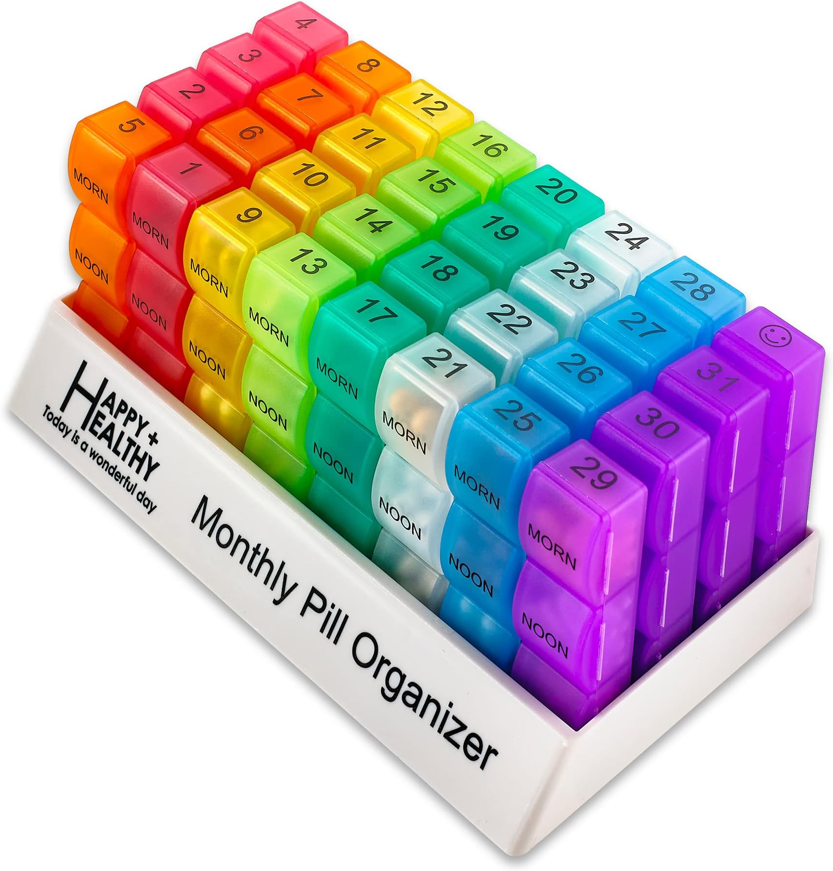 MEDca Monthly Pill Organizer - Am/Pm Daily Pill Organizer 32 Compartments for Each Day, Pill Dispenser and Dispenser Caddy - BS0830J New Monthly Rainbow Morn-noon-eve