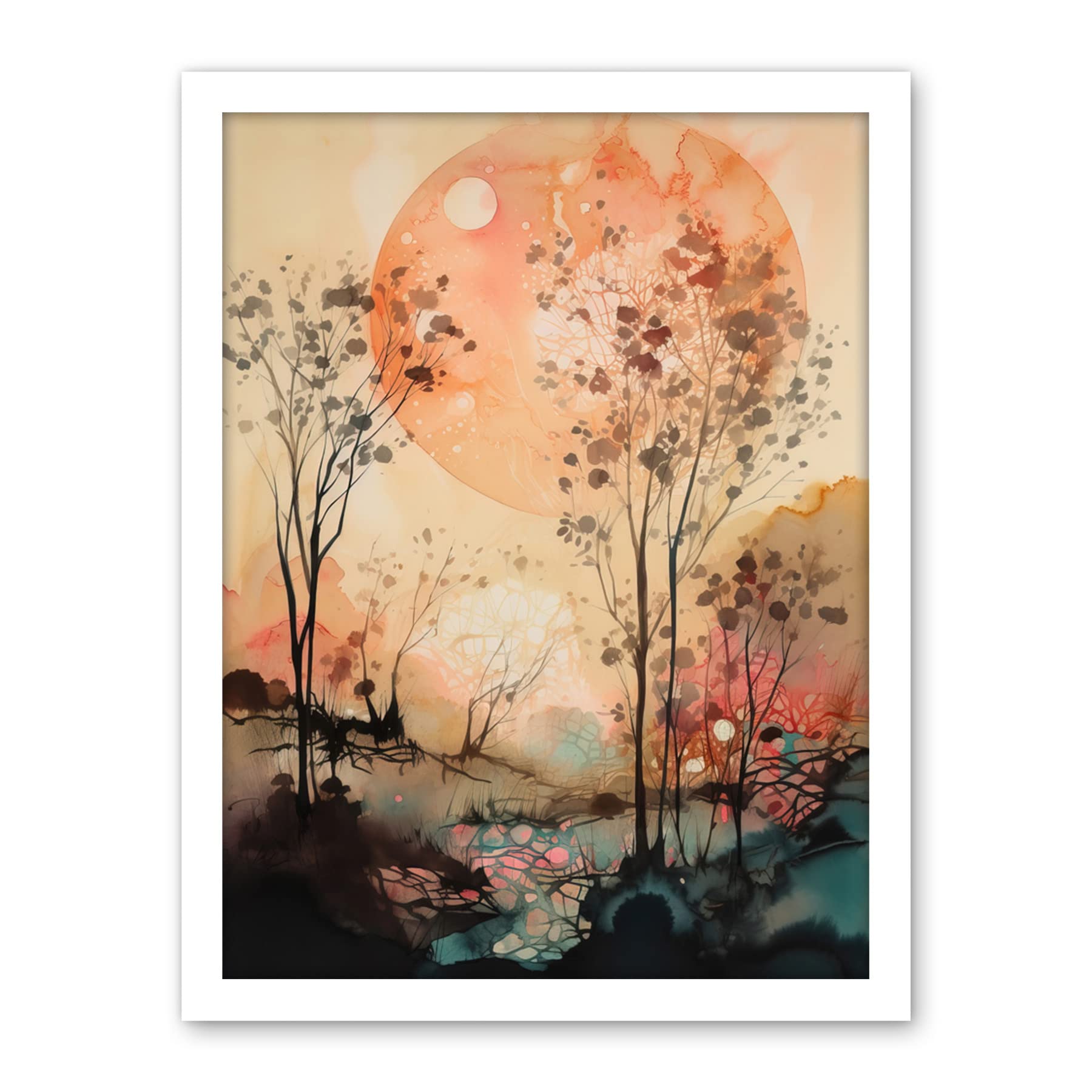 Artery8 Misty Riverside Trees Sunset Landscape Modern Boho Watercolour Painting Artwork Framed Wall Art Print 18X24 Inch
